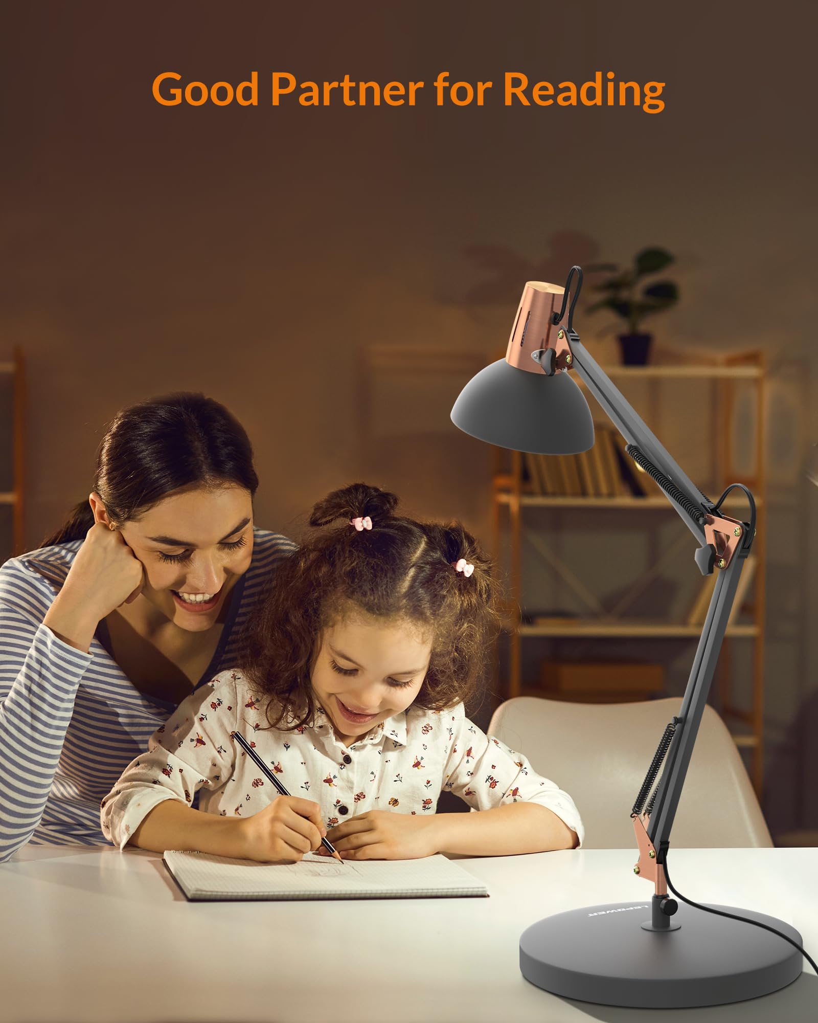 LEPOWER Adjustable Metal Desk Lamp with On/Off Switch, Sandy Black, Model UT2020, Eye-Caring for Bedroom & Office