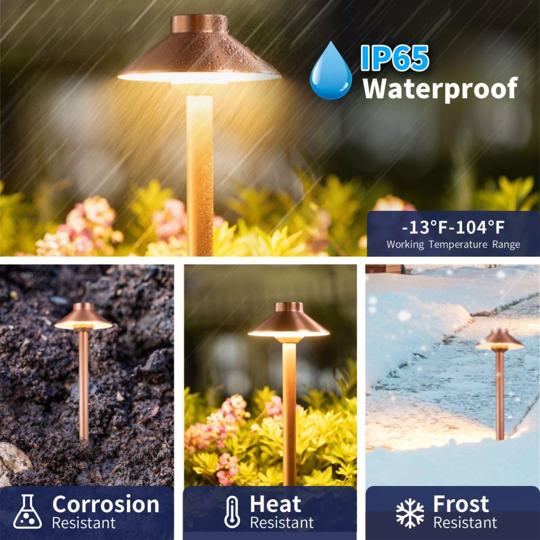 Gardenreet Led Brass Copper Landscape Path Lights(Hat), Waterproof Outdoor 12V Low Voltage For Walkway Driveway Garden Yard With