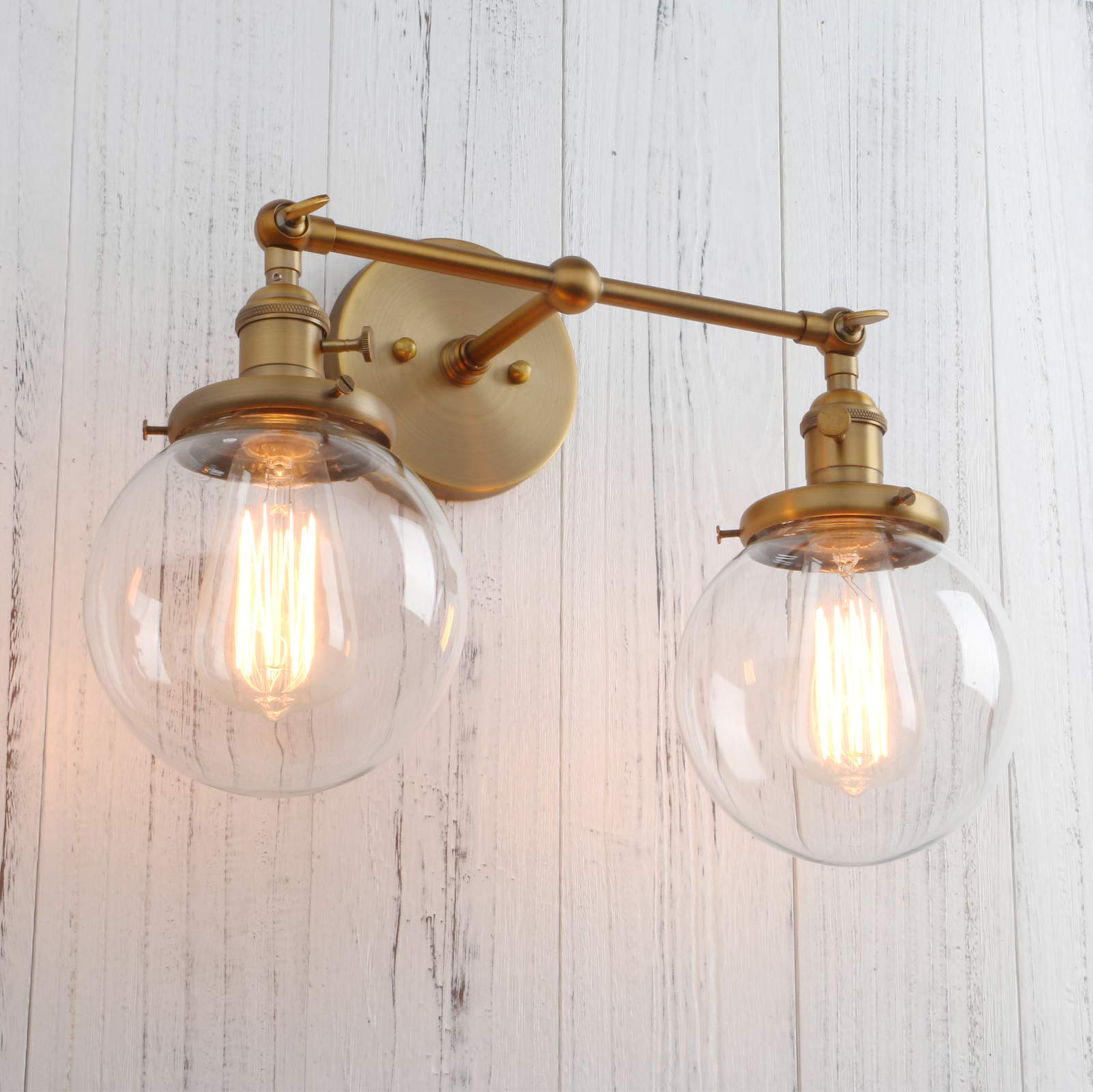 Permo Double Sconce Vintage Antique 2 Lights Vantiy Light Brass Gold Dual Wall Sconces With 5.9 Round Clear Glass Globe Shade Fo