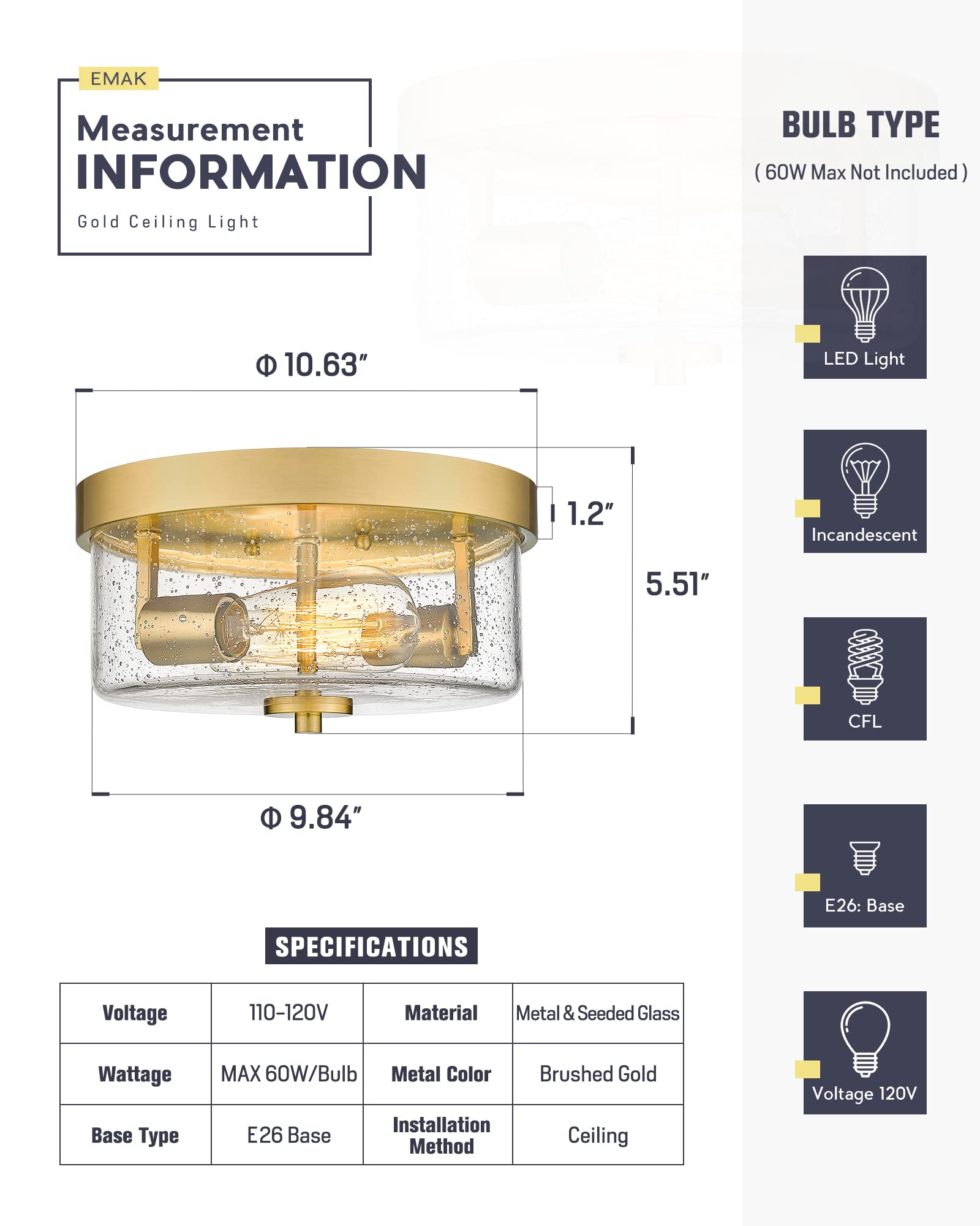 Emak Brushed Gold Flush Mount Ceiling Light, 2 Light Fixture With Seeded Glass Shades, 11&quot;
