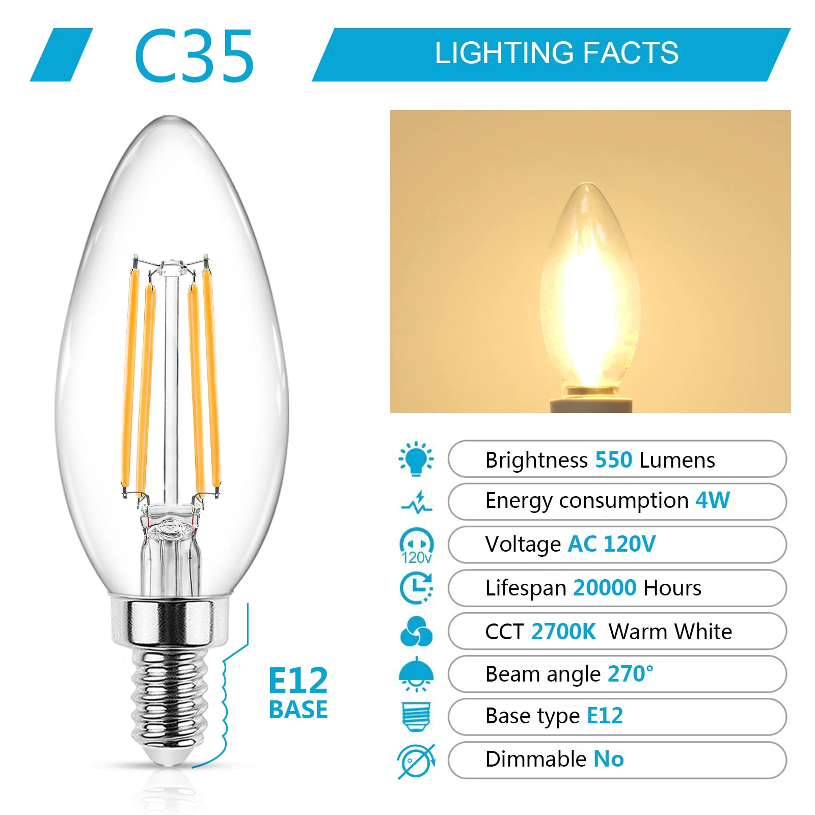 Ascher E12 Candelabra LED Light Bulbs 60 Watt Equivalent, Warm White 2700K, Non-Dimmable, 550 Lumen, Clear LED Filament Candle B