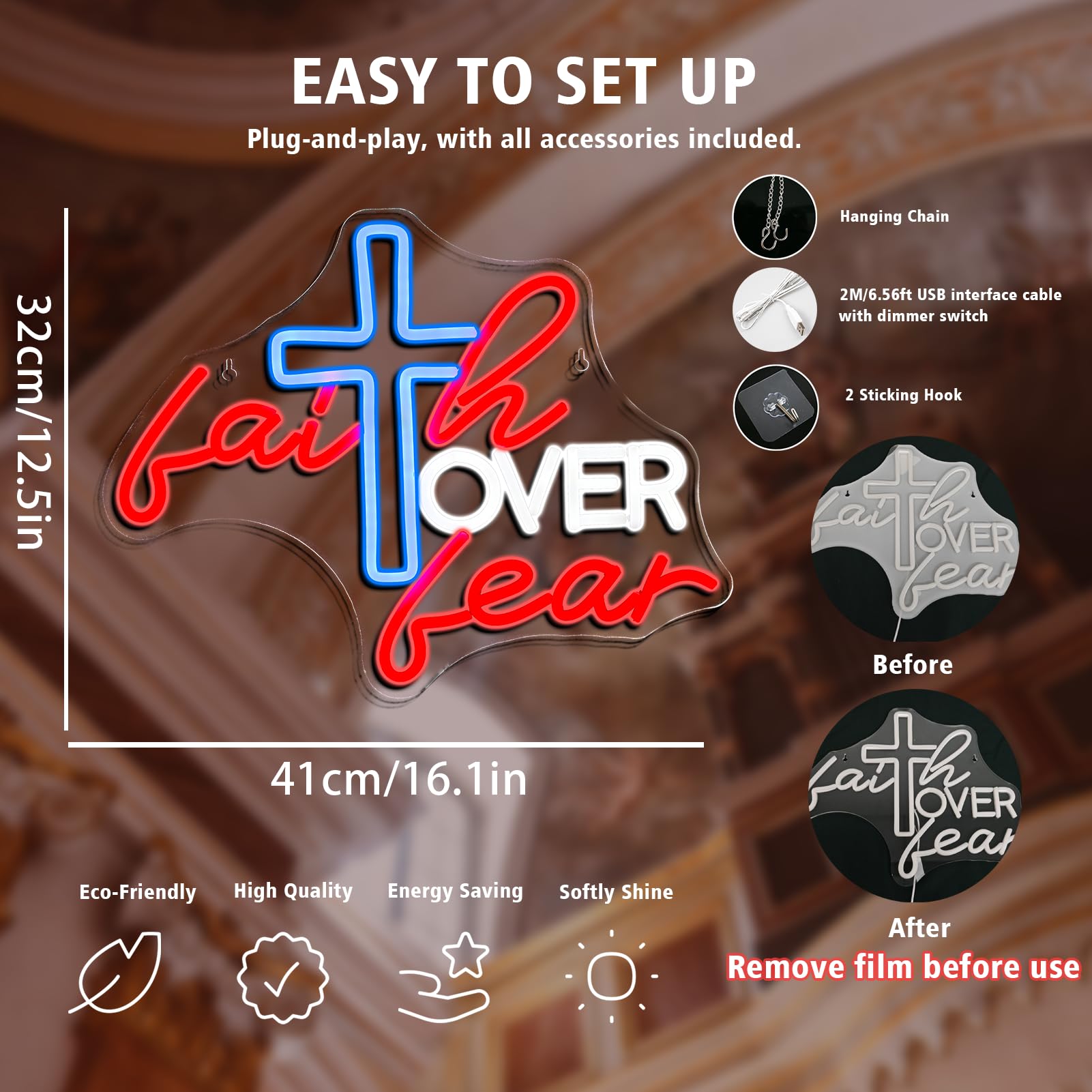 Wanxing LED Neon Sign - Faith Over Fear, Acrylic Wall Decor, USB Powered, 16.1in x 12.1in, Adjustable Brightness