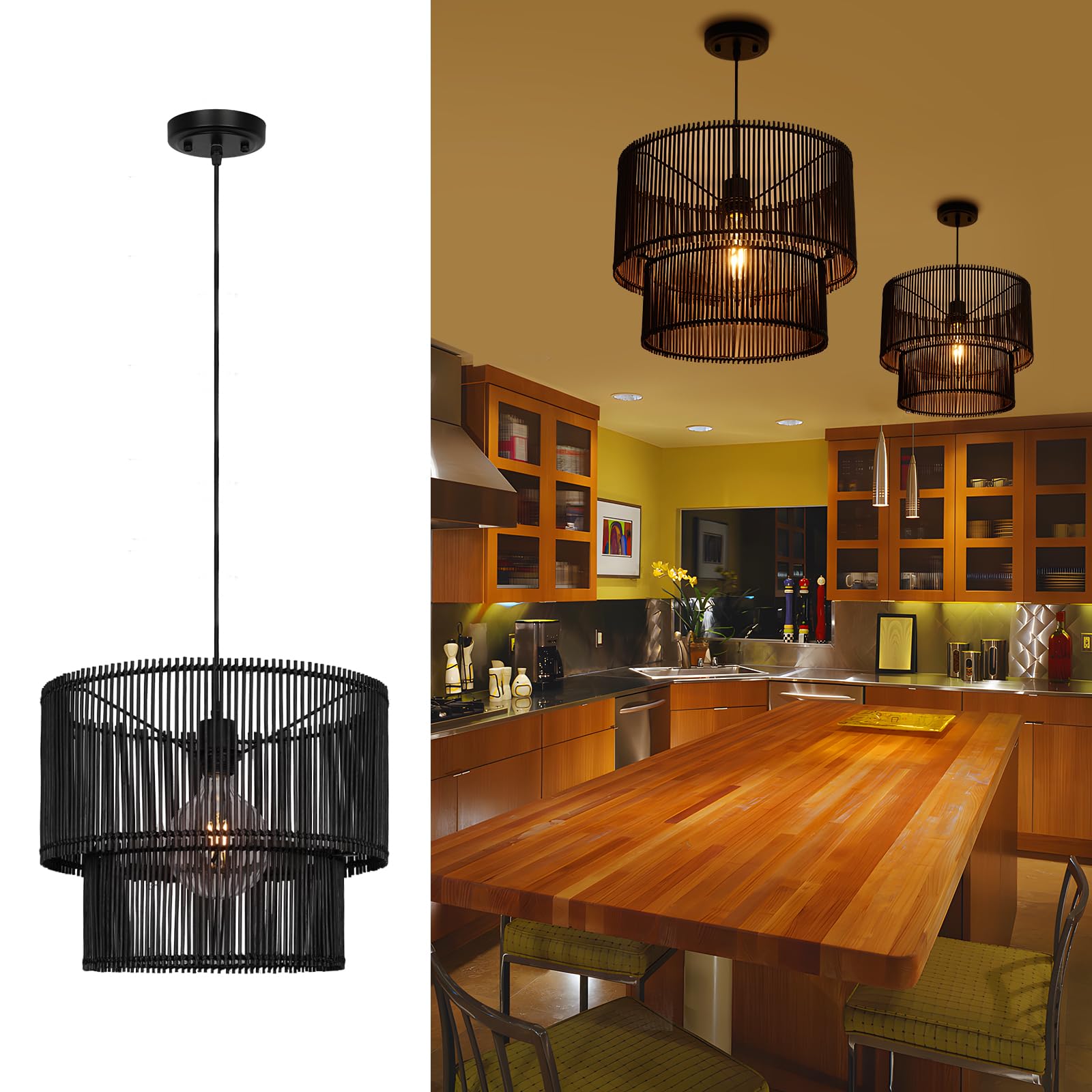 Rosient Woven Rattan Pendant Lamp, 16 Inch Large Natural Simple Hand Weaved Coastal Beach Black Rope Hanging Pendant Light Fixtu