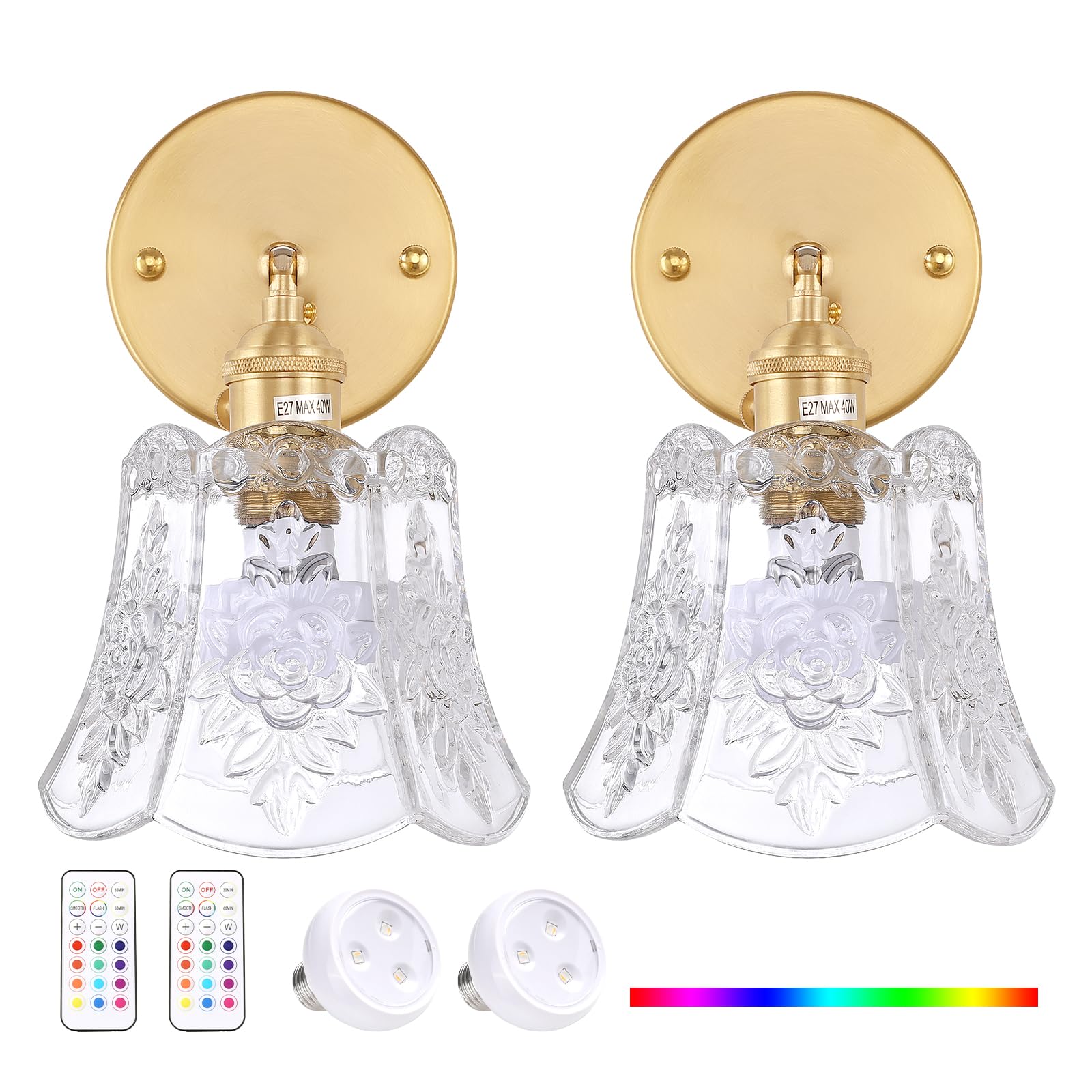 Shenmoyl Vintage Battery Operated Wall Sconces Set of Two, RGB Dimmable LED, Glass, Wireless, Rose Transparent, Model 1-94961-scona