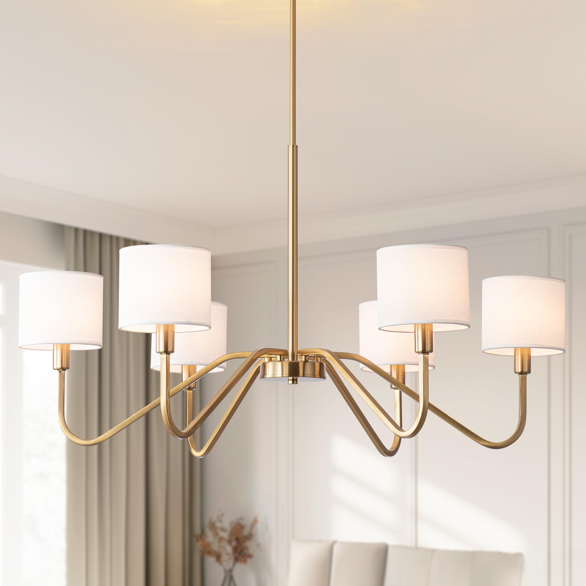 Febeleven Modern Gold 6-Lights Chandelier  39 Pendant Light with White Fabric Shade Adjustable Classic Chandelier Light Fixtures for Kitchen Island Dining & Living Room Entryway