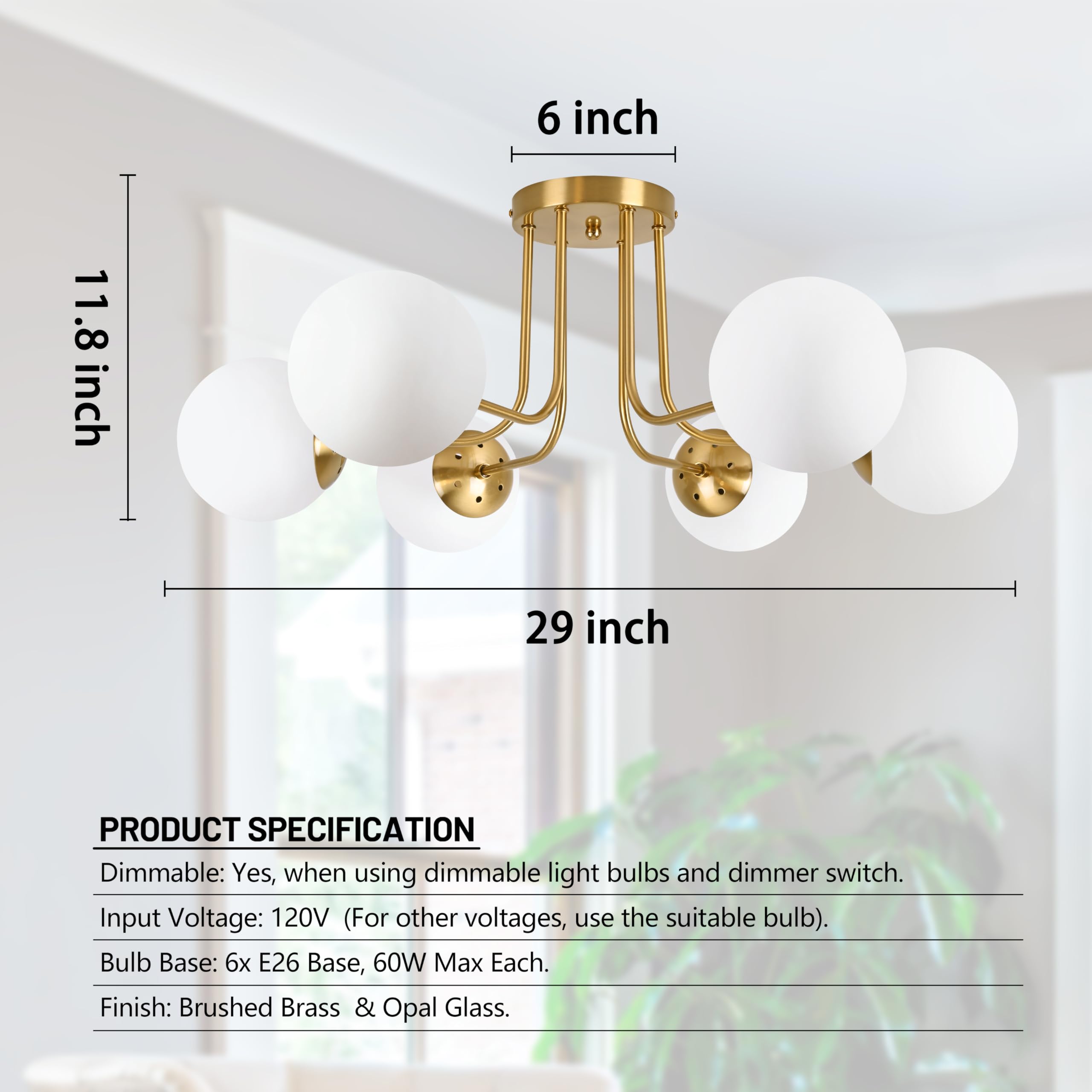 Koko&Yukina 6-Light Mid Century Ceiling Light Modern Semi Flush Mount Ceiling Light Fixture Globe Ceiling Light With Milk Glass