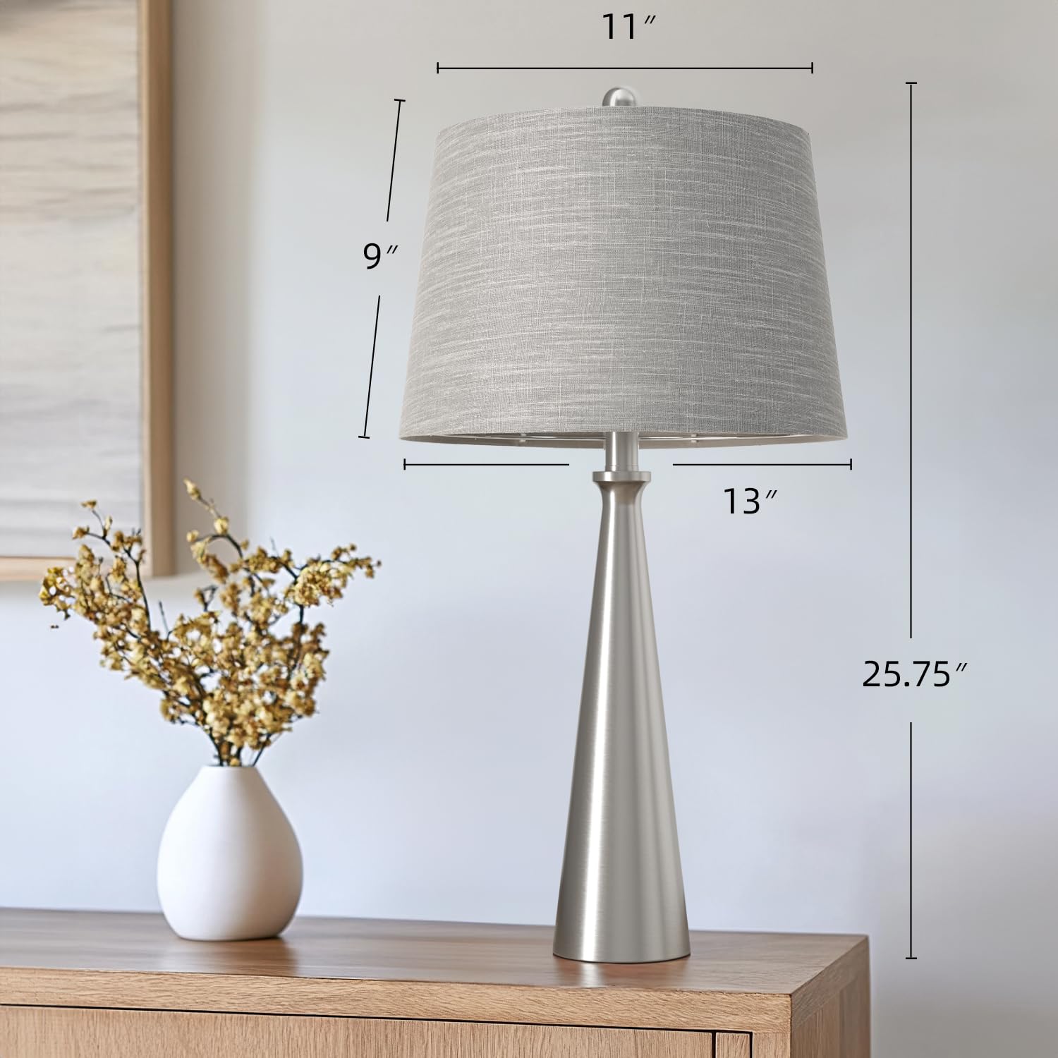 Oneach 25.75'' Modern Table Lamp Set Of 2, Bedside Lamps With Usb Ports, Silver Nightstand Lamps Set For Living Room Bedroom Hou