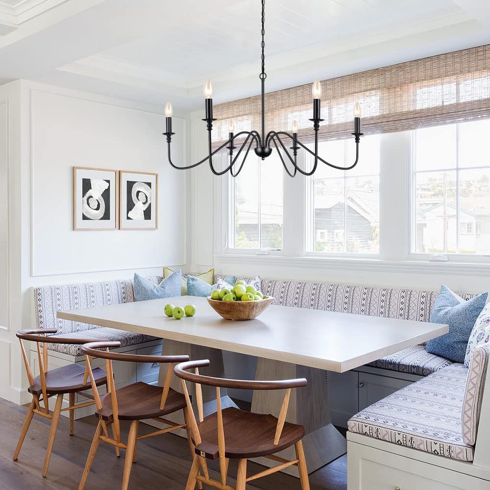 Lampundit Black 6-Light Iron Chandelier - Farmhouse Candle Ceiling Pendant For Dining Room, Kitchen