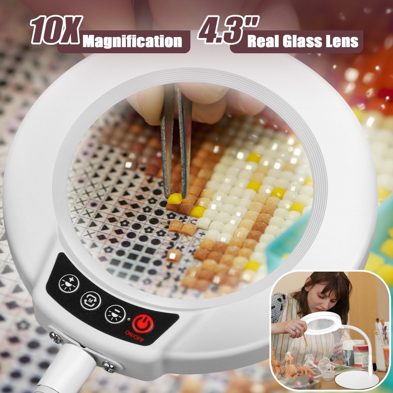 Krstlv 10X Magnifying Glass with LED Light, Flexible Gooseneck, Metal Stand, White, Model EG9WH