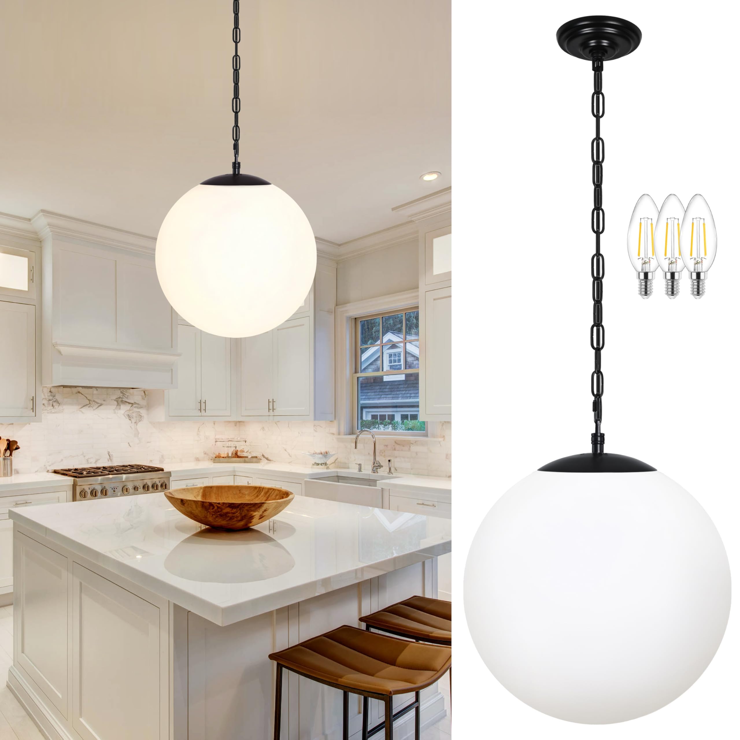 KoKo&Yukina 14 Black Globe Pendant Light Mid Century Pendant Light Milk Glass Pendant Lights Kitchen Island Adjustable Hanging L