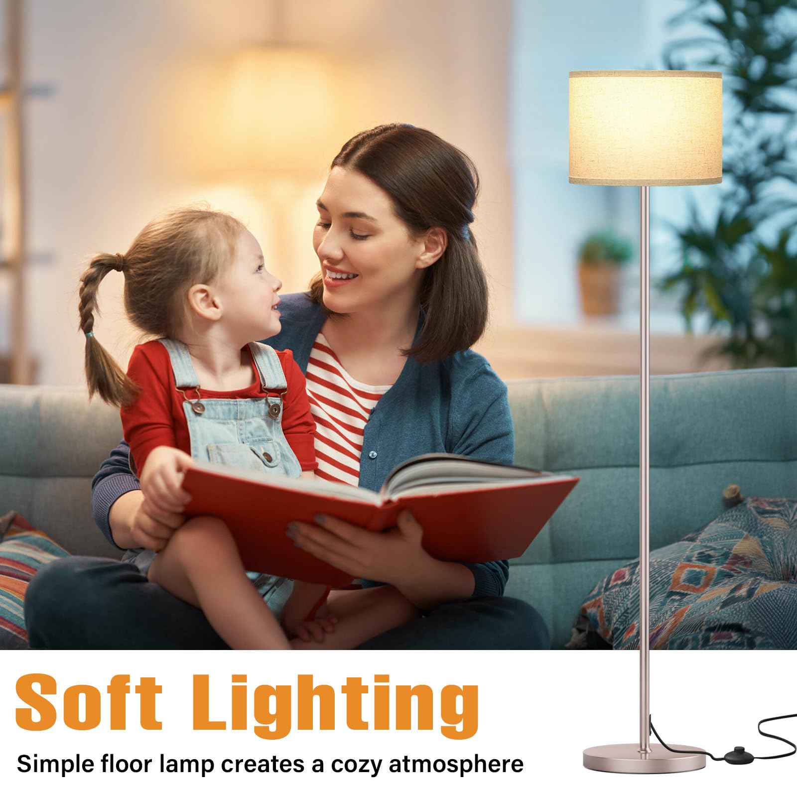 Ambimall 60'' Modern Floor Lamp With Shade, Tall Lamps For Living Room, Bedroom, Office, Dining Room, Beige Shade With Mocha Gol