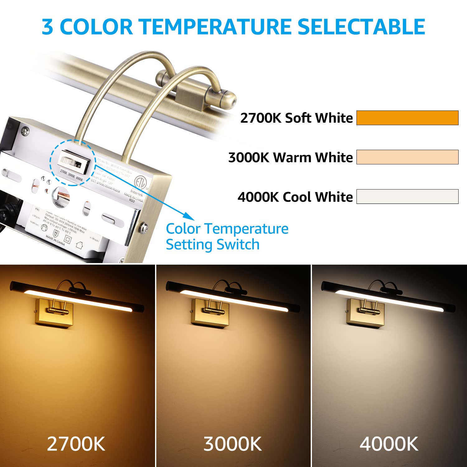 LEONLITE 3CCT Dimmable LED Picture Light, Metal, Antique Brass, Model 52952, Adjustable for Artwork and Portraits