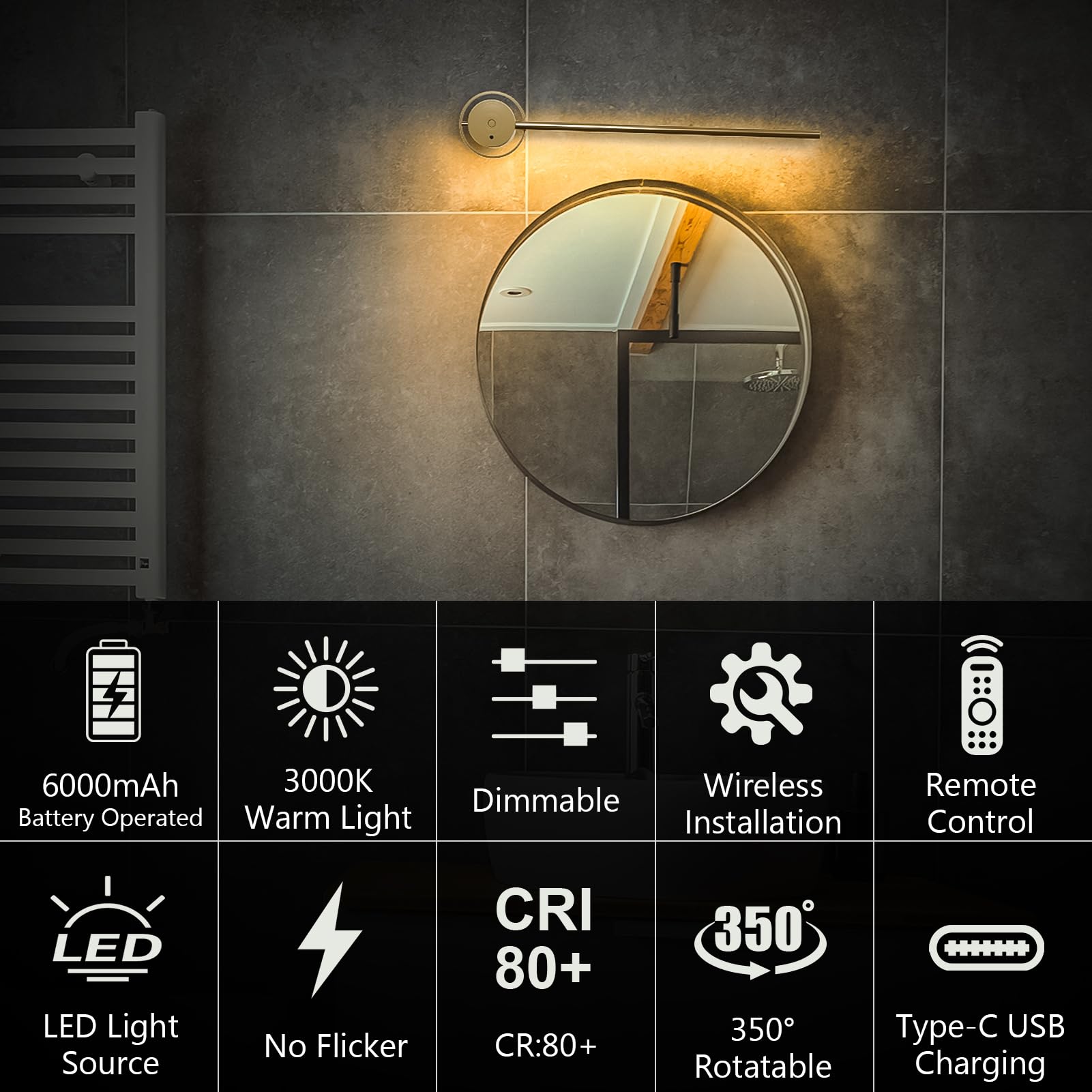 Picture Light, Wireless Wall Light, 23.6 Inch Rechargeable Art Display Light, 3 Color Temperature Dimmable With Timer, 350? Rota