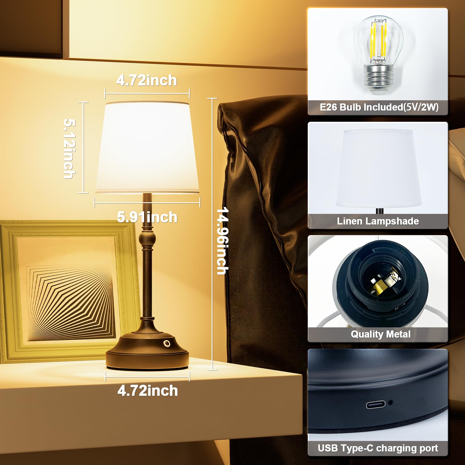 VOLISUN Cordless Table Lamp 2 Pack, 5200mAh Battery, Touch Dimmable, Wireless Bedside Light, Black, Model 21577ZM