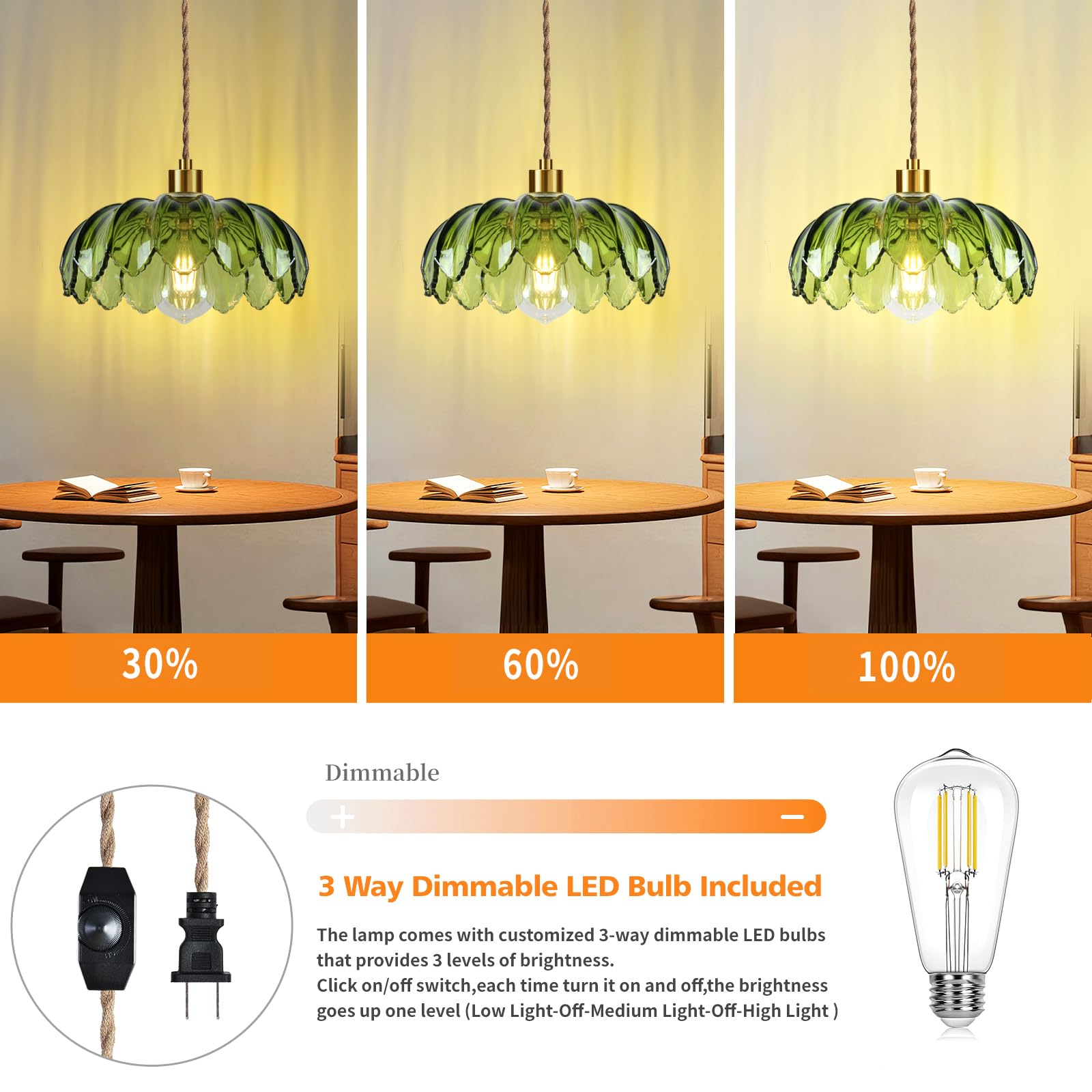 QIYIZM Pendant Light Dimmable Glass Chandelier 12in Gold Green Vintage Boho for Living Room, Kitchen