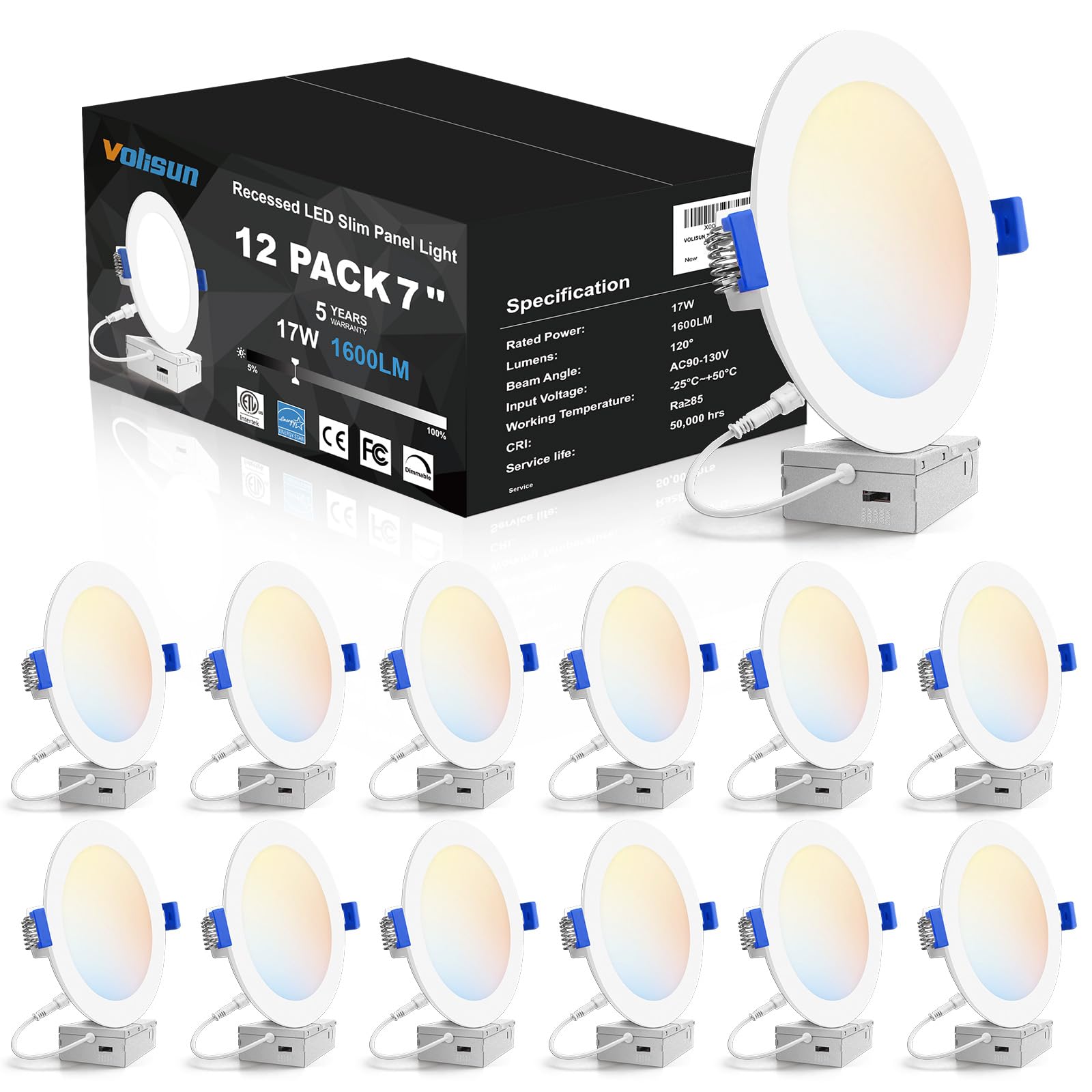 VOLISUN 12 Pack 7 inch Recessed Lighting, 5CCT LED Recessed Light with Junction Box, 2700K-5000K Selectable, Dimmable Canless Wa