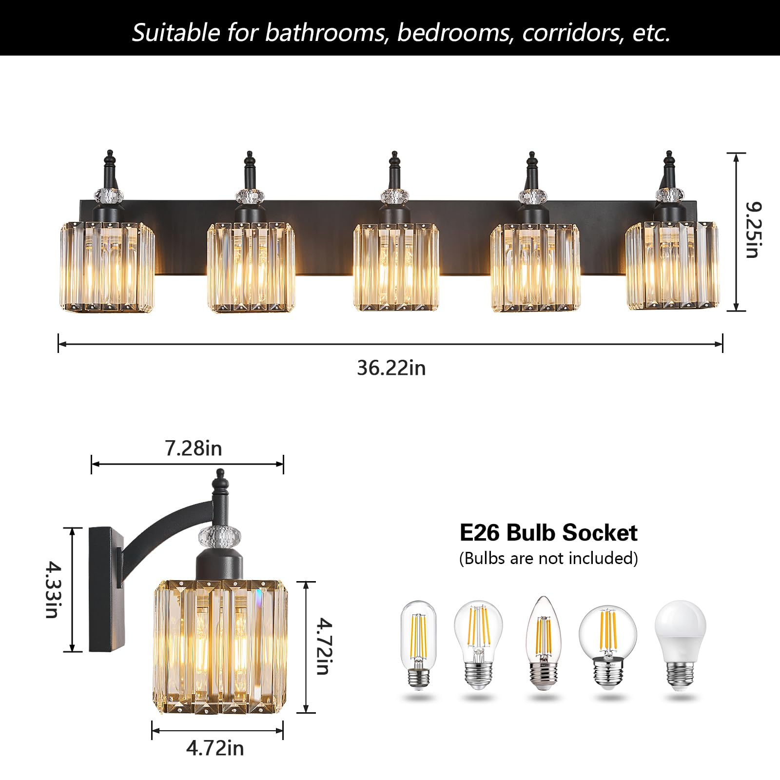 BBLLWJ Crystal Vanity Light Fixture - 5-Light Black Modern Bathroom Lighting, Model 655