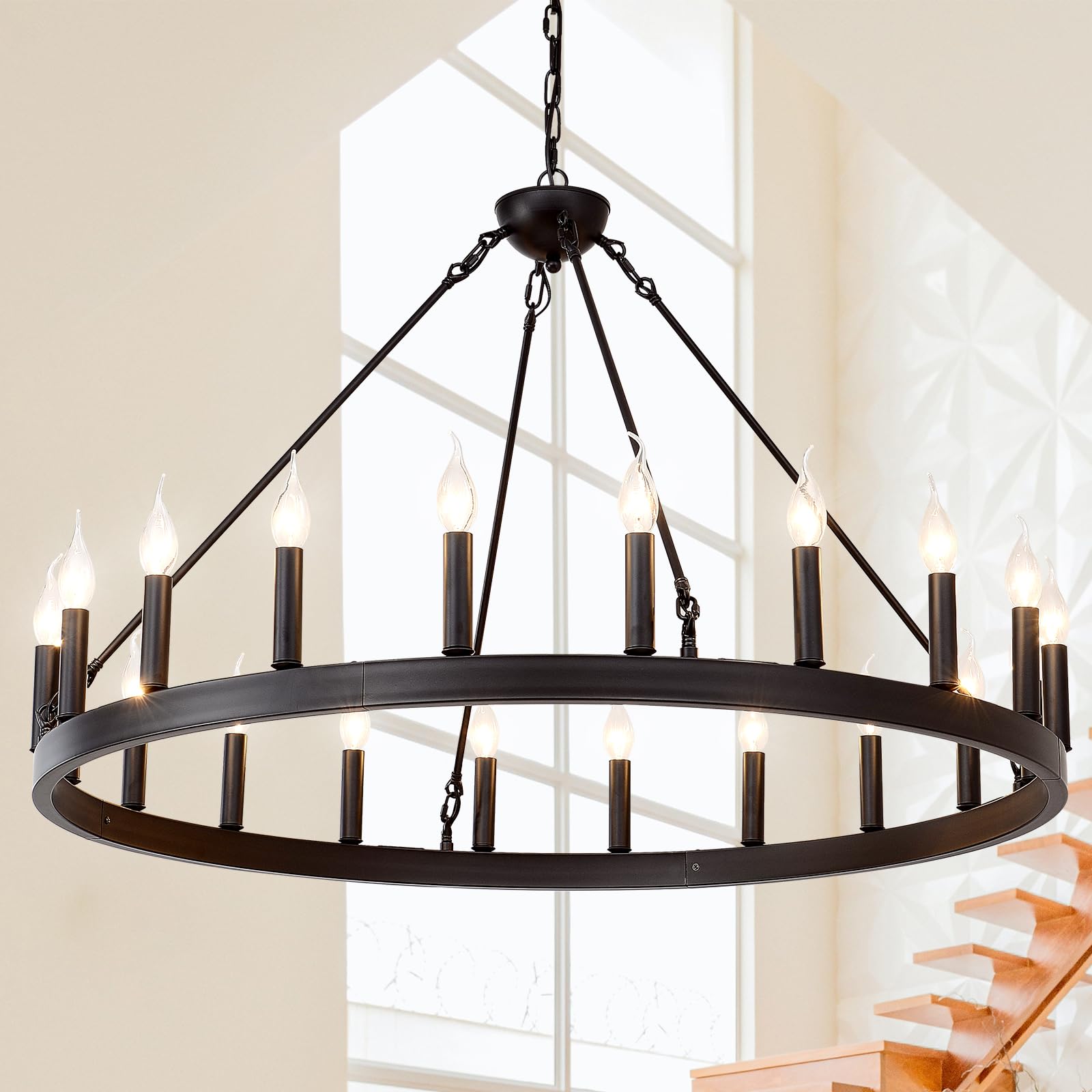 Zbmyrbzj 40'' Black Wagon Wheel Chandelier, 20-Light Industrial Ceiling Fixture For High Ceilings