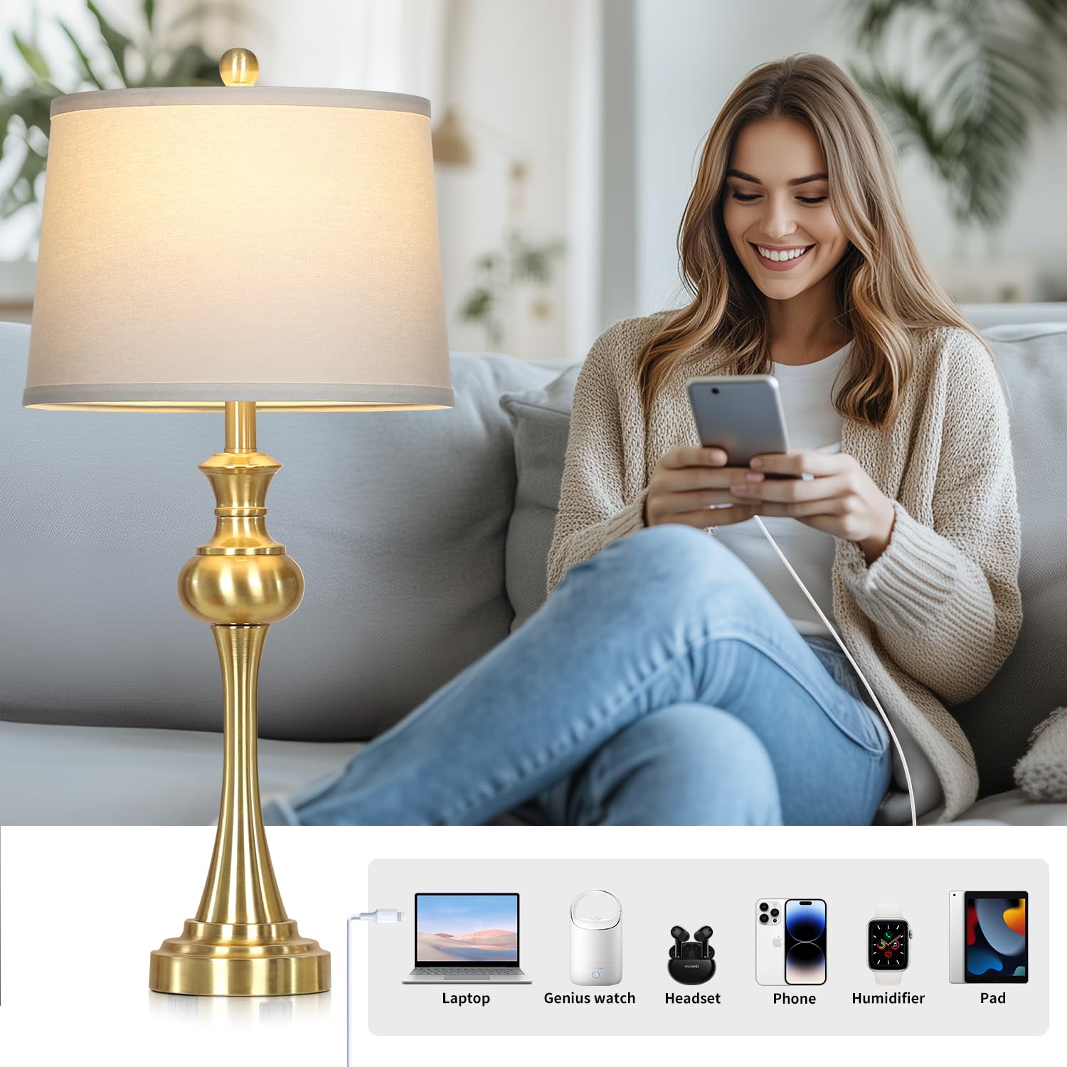 Cinyirong 28.75" Gold Table Lamps - Touch Control, USB C+A, 3-Way Dimmable, Set of 2, Antique Brass for Living Room & Bedrooms