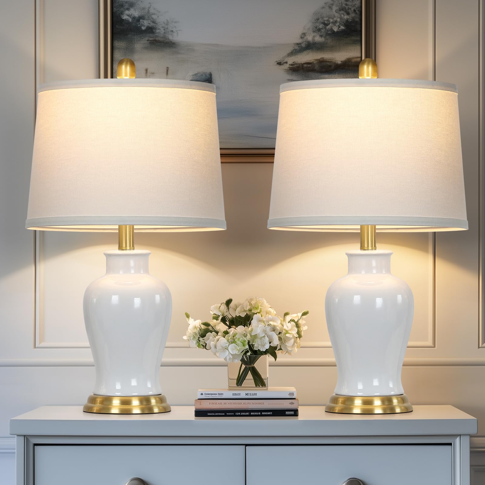Modern Ceramic Table Lamps Set Of 2, 23'' White Ceramic Lamps For Living Room, Rustic Farmhouse Bedside Lamp With Ginger Jar Des