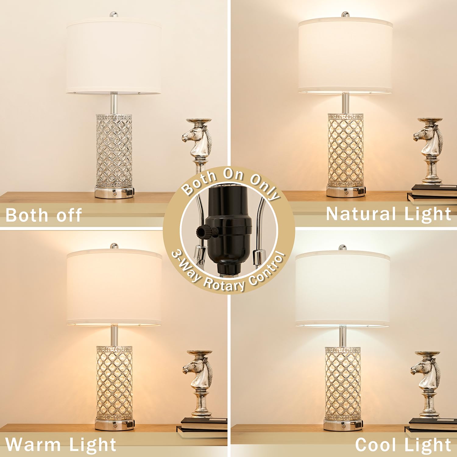 Saiweya Modern Crystal Table Lamp Set Of 2-24'' Silver Bedroom Lamps 3-Way Dimmable Touch Lamp With Night Light, 2 Usb Ports + A