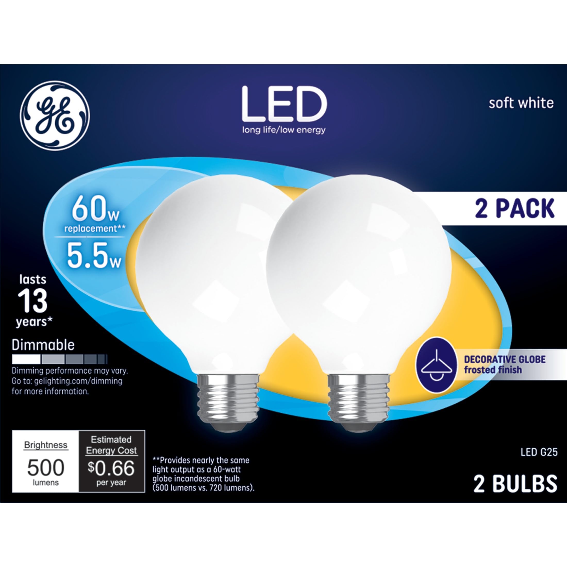 Ge Lighting 25016 Soft White (2-Pack) Led 60W Frosted G25, 2 Count