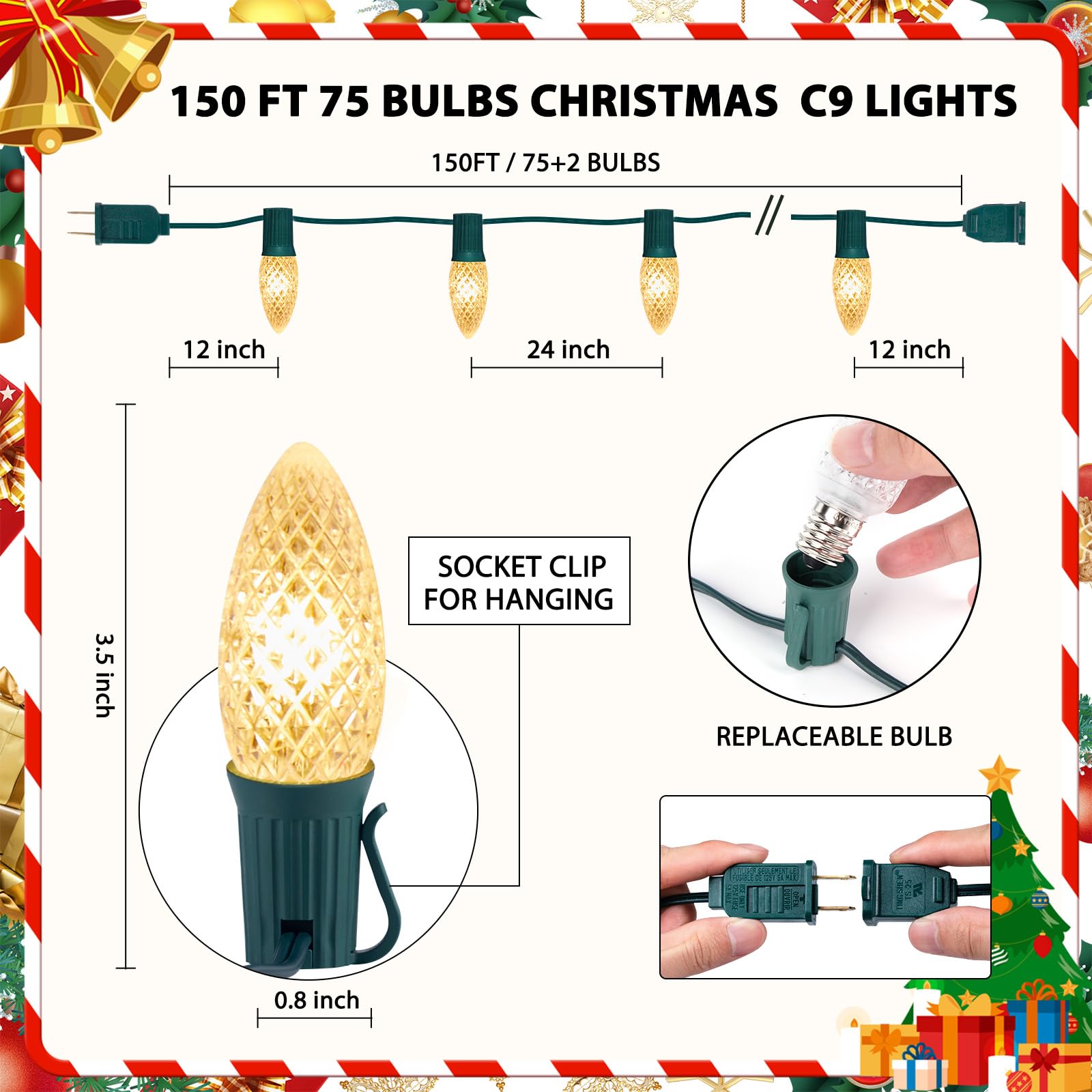 Minetom C9 LED Outdoor Christmas Lights, 150 FT, 75 LED, Waterproof, UL Certified, Warm White, Model GYPI-O75LAU