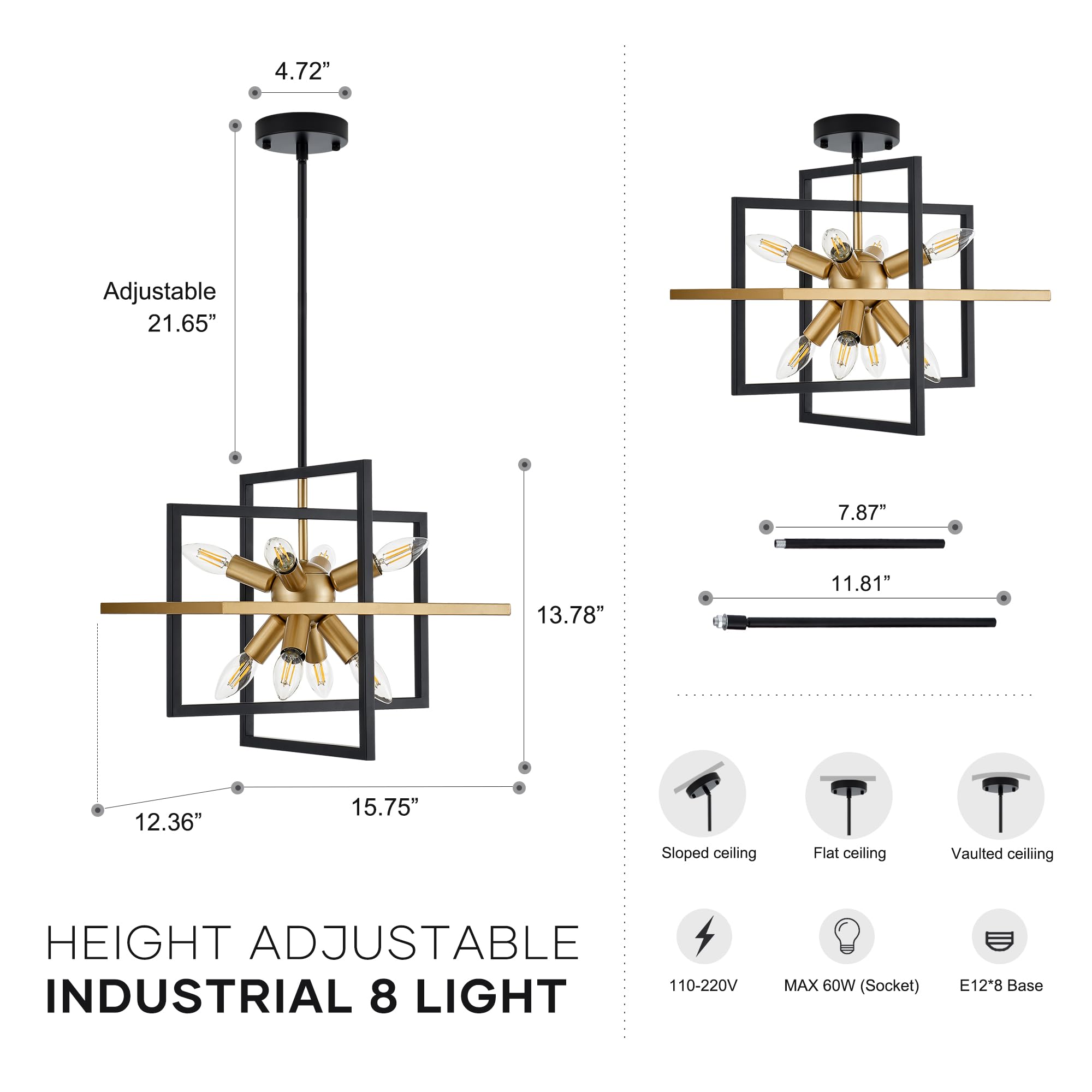 TACDANDM 8-Light Sputnik Chandelier, Black Gold Metal, 15.8" Adjustable Pendant Light for Entryway, Foyer, Hallway, Living Room