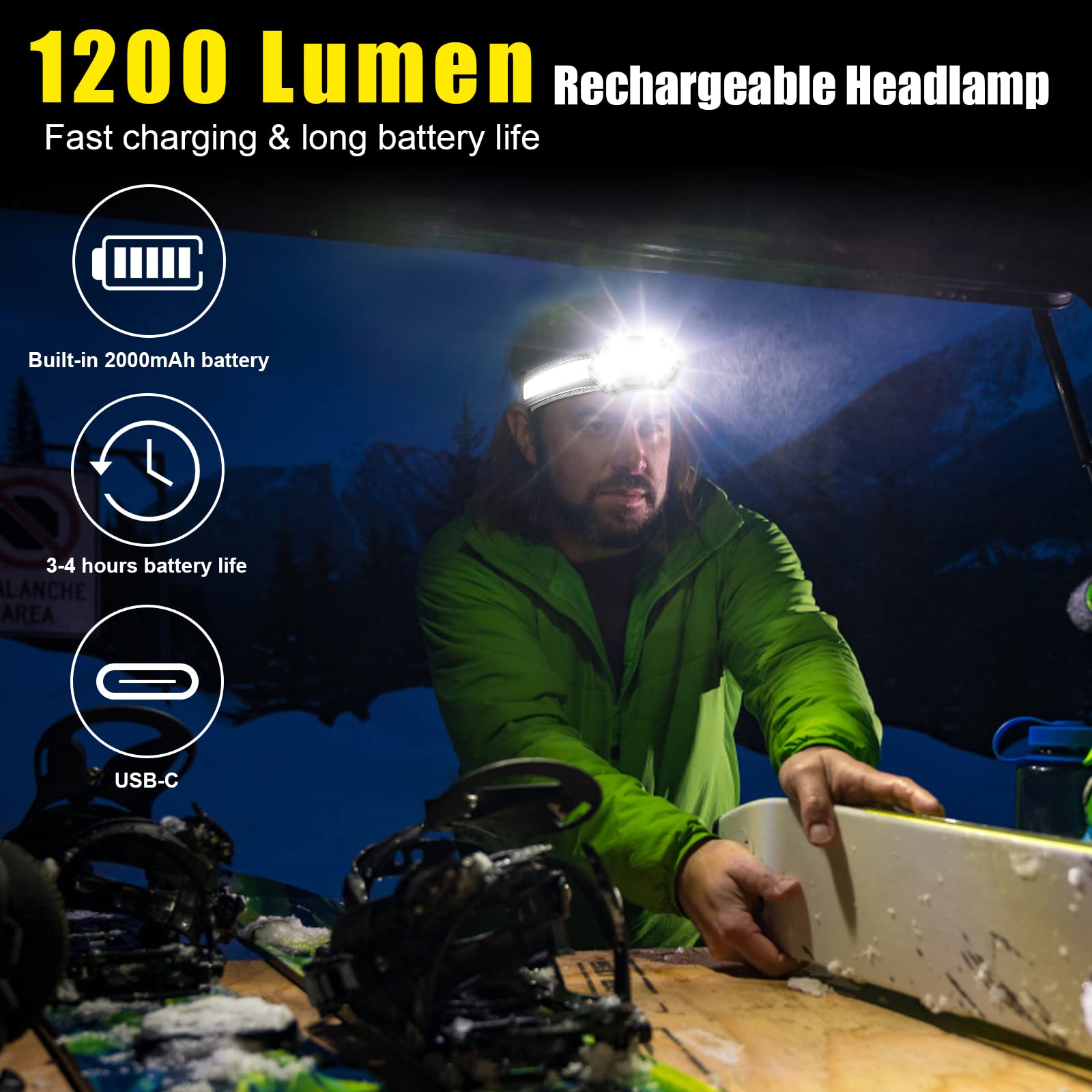 Led Headlamp Rechargeable, 1200 Lumen Super Bright Headlamp Flashlight, 270 Wide Beam Led Headlamps With Red Taillight, 8 Mode L