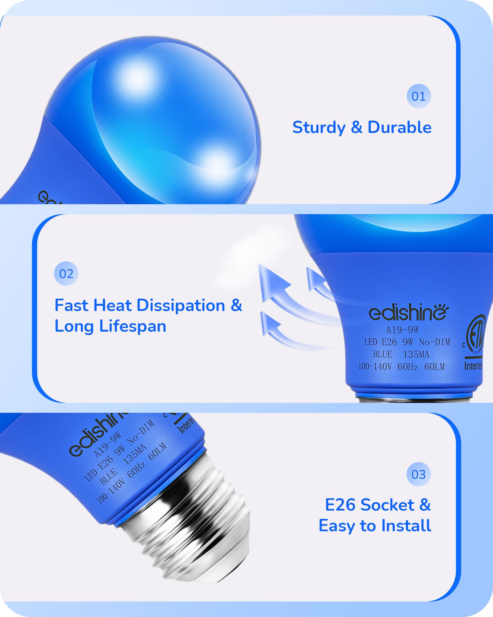 EDISHINE Blue Light Bulb, A19 LED Light Bulb, LED Bulb E26 Base, 9W(60W Equivalent), Outdoor Blue Lights for Christmas Decoratio