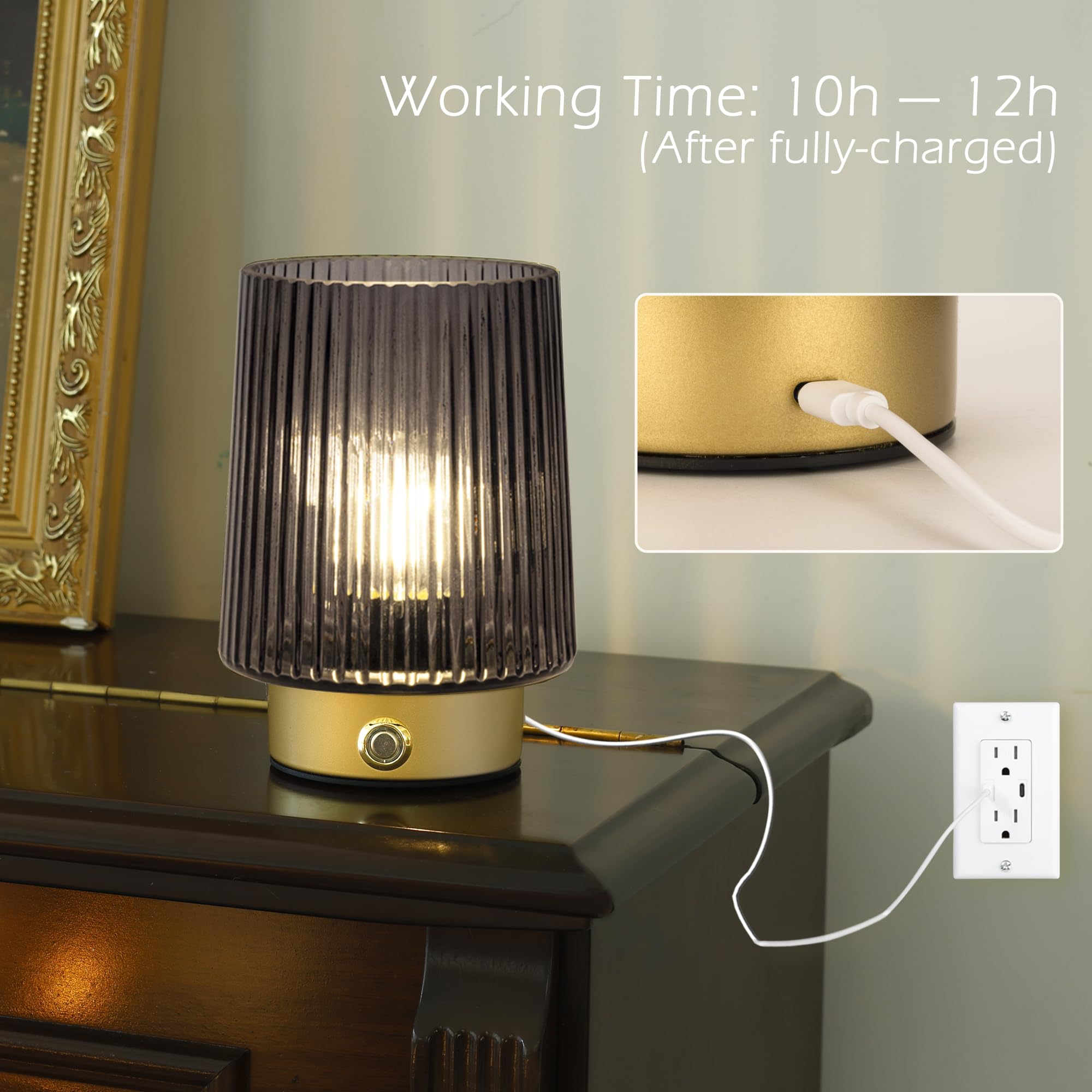 Ularoom Cordless Lamp Rechargeable Battery Operated Lamp, Glass Small Table Lamp - Portable Dimmable Brightness Touch Wireless B