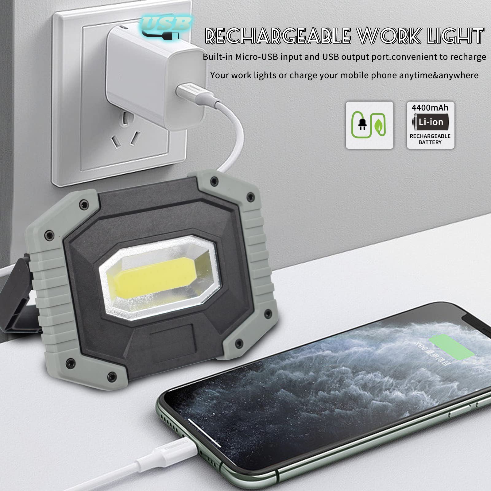 Otyty Work Light Rechargeable, Led Work Light Portable Flood Lights Magnetic Led Light For Outdoor Camping Hiking Emergency Car Repairing Job Site Lighting 2 Pack (W841 Grey)