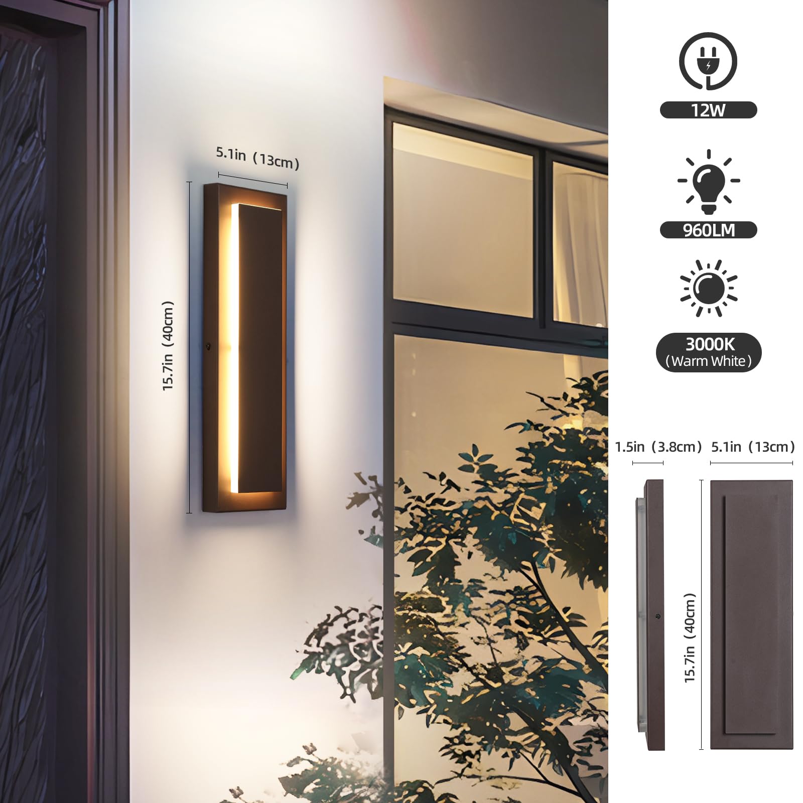 Zsmaiku 15.7 Brown Modern Outdoor Wall Light, Waterproof Led Sconce, Model Mk-108-400Whz-1, Ideal For Porch And Patio