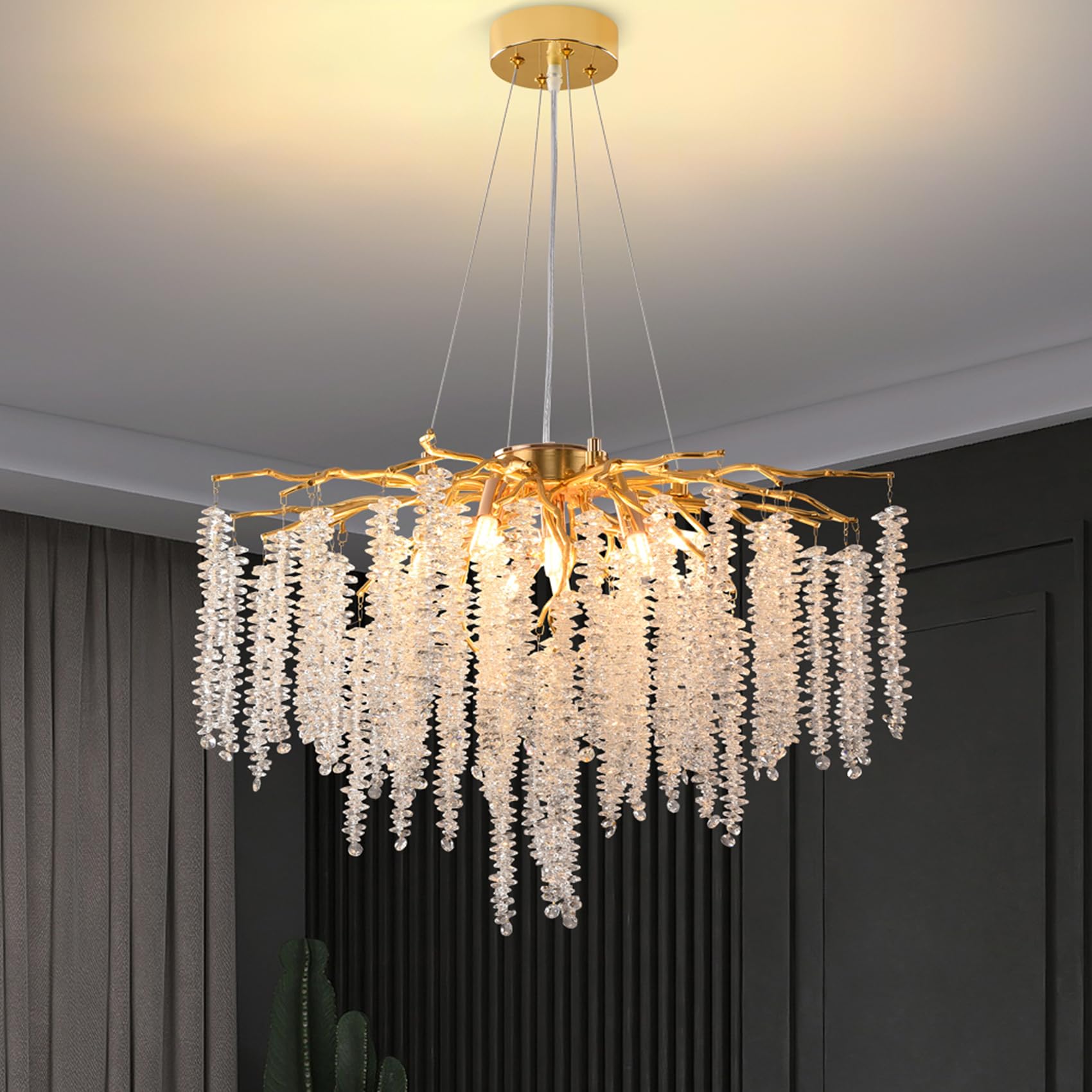 Puvaue Crystal Tree Branches Chandeliers Gold Luxury Round Raindrop Pendant Light Fixture 9 Light Tassel Ceiling Hanging Light f