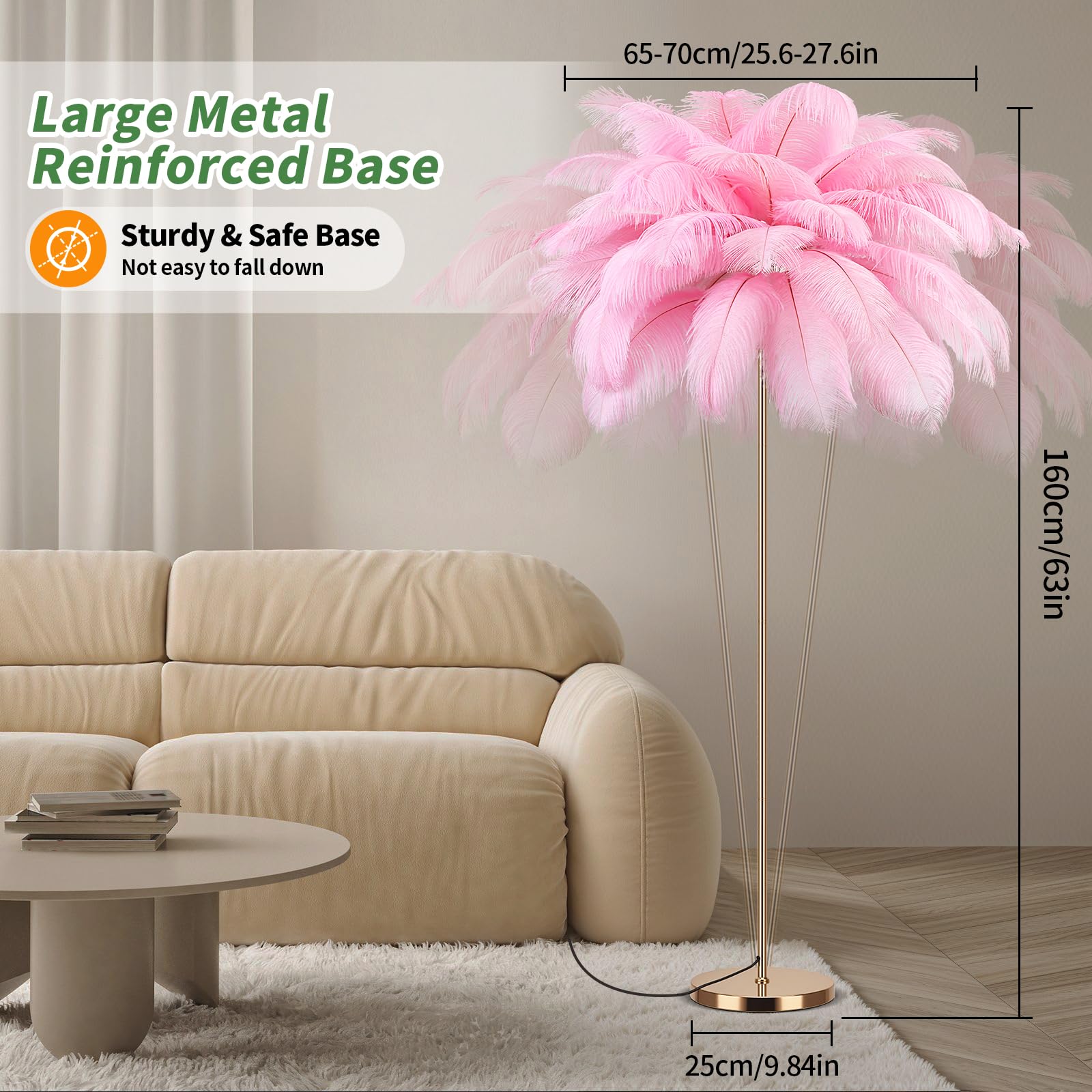 Fivemengo Feather Floor Lamp - Pink Ostrich Feathers, Rose Gold Body, Modern Arc Design, LED Bulbs Included, Model Yumao-Fen