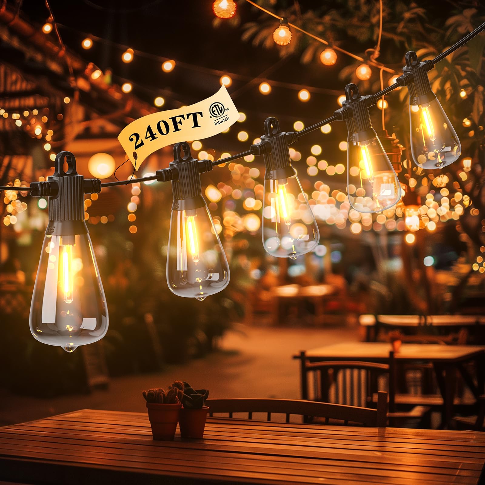 FOOMAN LED Outdoor String Lights, 240FT Outside Waterproof Patio Lights with 120+4 Shatterproof ST38 Edison Bulbs, 2700K Warm Wh