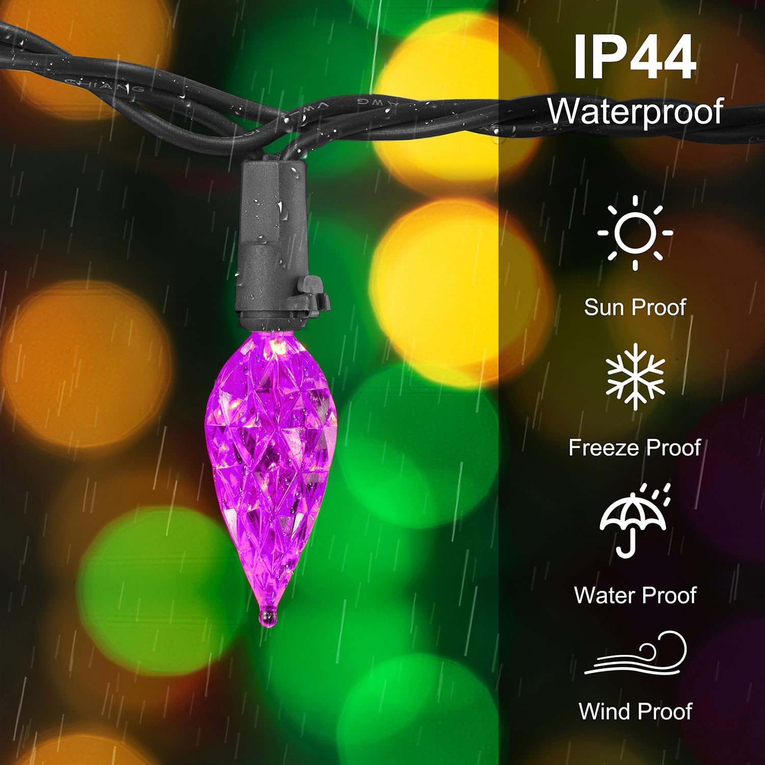 BOHON LED Fairy Lights String, 50 Orange Purple Green C6 Lights, 25ft Waterproof, Black Wire, Model BH-KLC6D50L