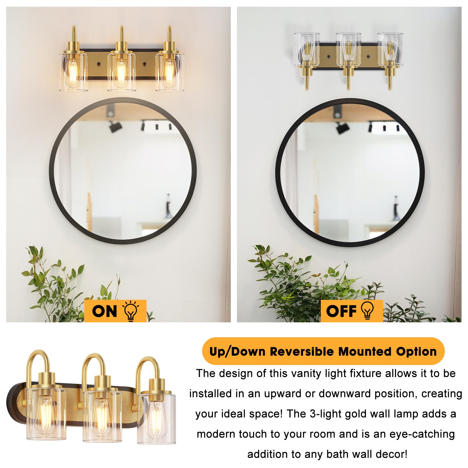 Baocuz 3-Light Black And Gold Vanity Light, Mid Century Brushed Gold Bathroom Light Fixtures Over Mirror With Clear Glass Shade