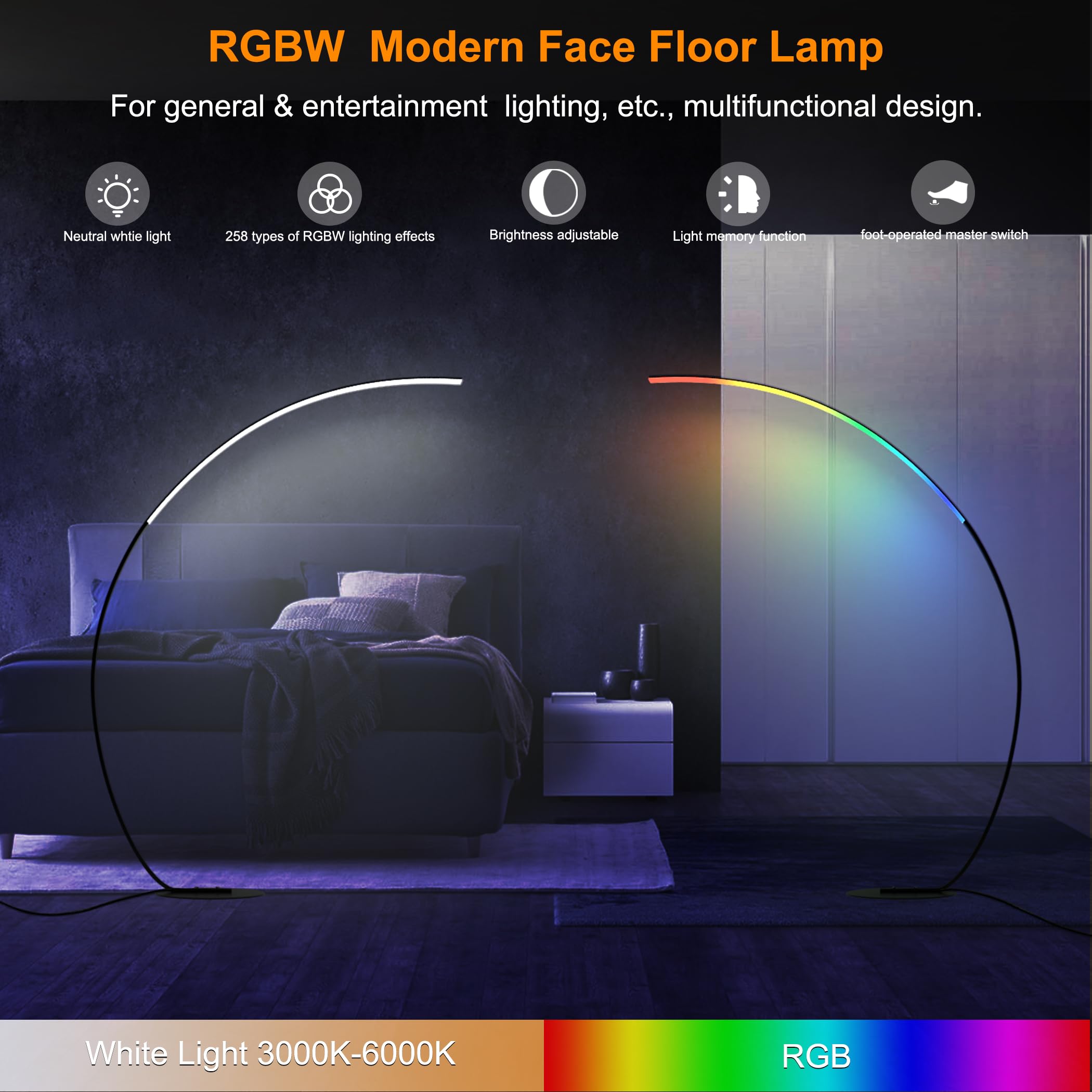 E.P. Light Rgbw Modern 69.99 Inch Arched Standing Reading Floor Lamp With Remote - Dimmable Black Led Color Changing Curved Ambient Lighting For Bedroom And Living Room