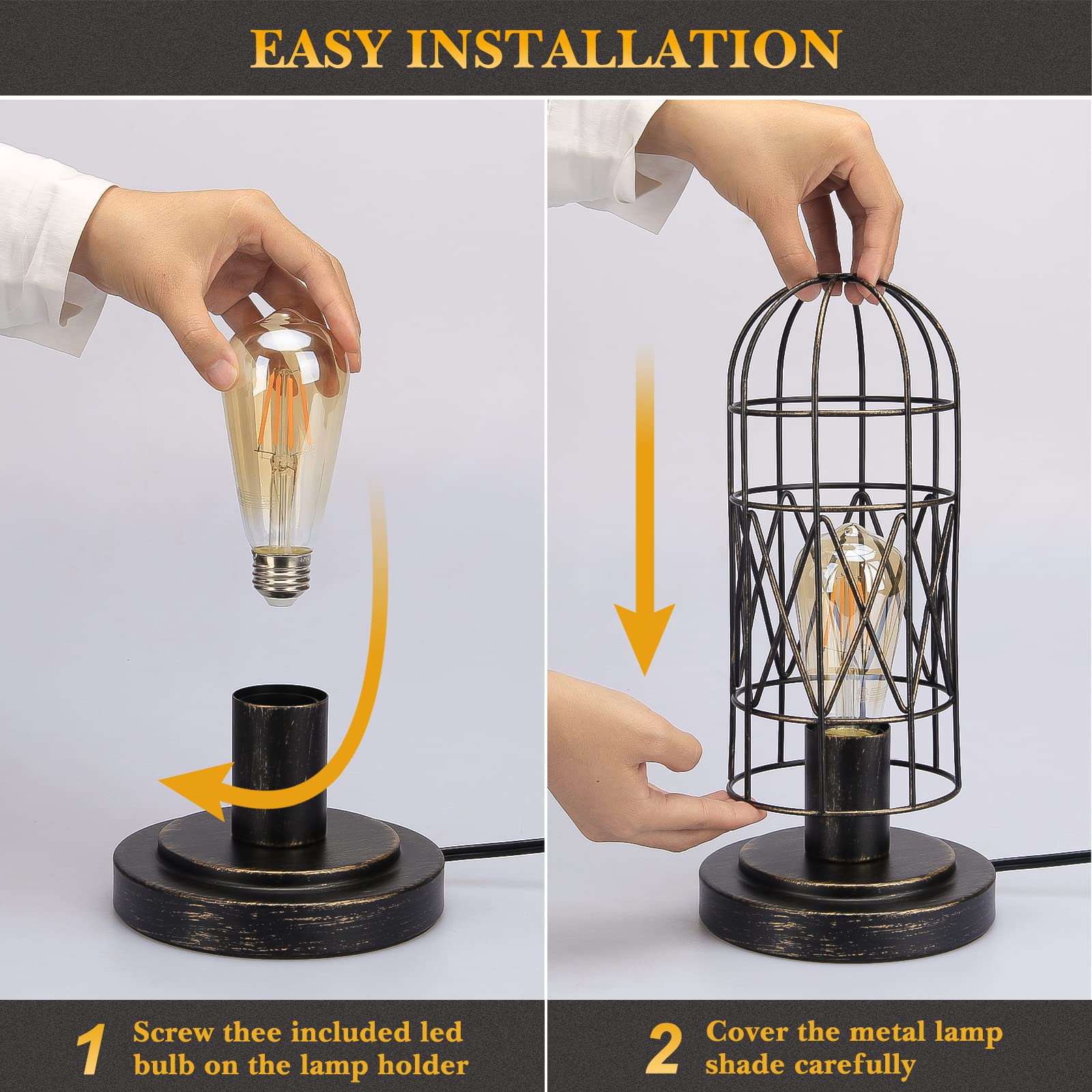 Seaside Village Industrial Table Lamp - Small 3-Way Dimmable Touch Lamp with Rustic Cage, Black Base, LED Bulb Included, Perfect for Bedroom & Living Room