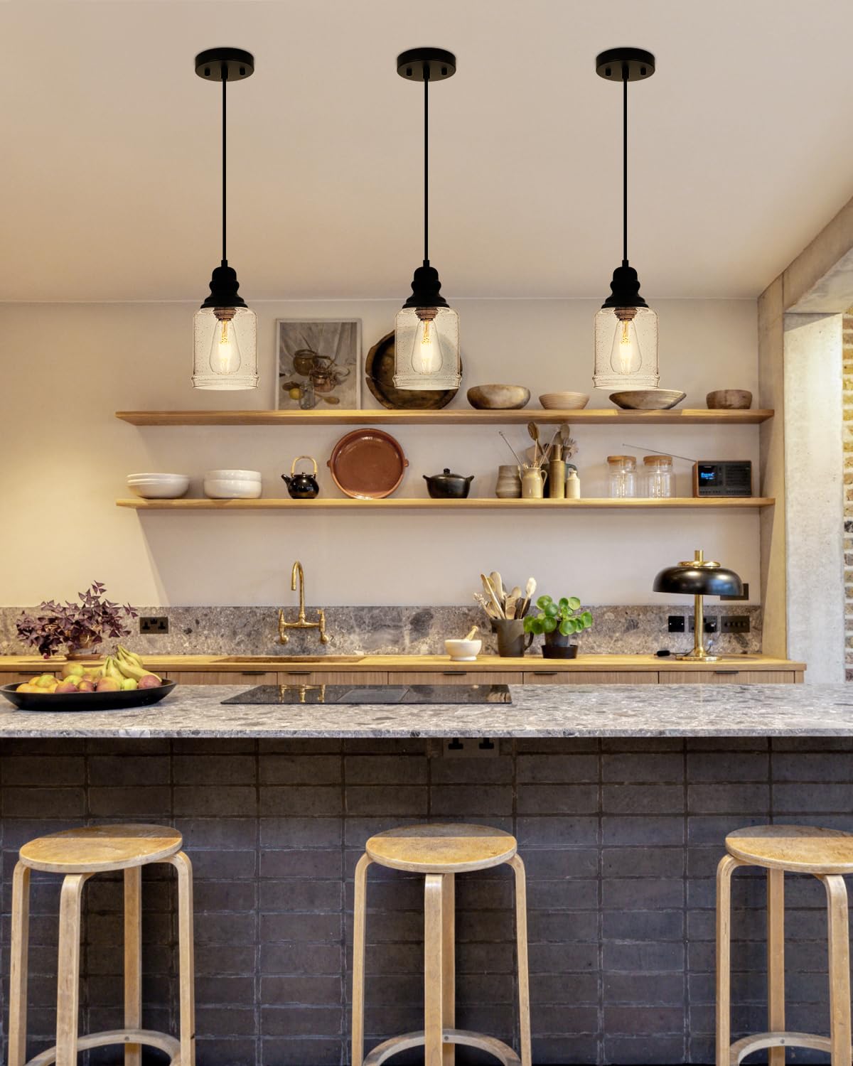 Wilon Modern Glass Pendant Lights For Kitchen Island, 6.29'' Mini Pandent Light Fixture With Seeded Glass Shade Black Farmhouse