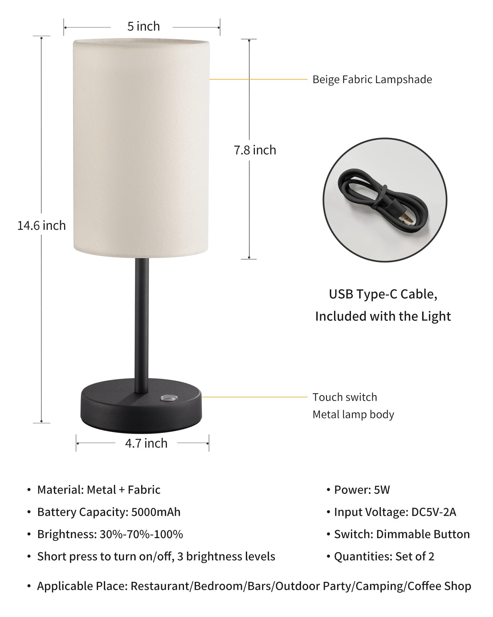 KDG Cordless Table Lamp, 3 Brightness Levels, 5x5x14.6 inches, Black + Beige Lampshade, Model AMZ-TBL-025-2-BY