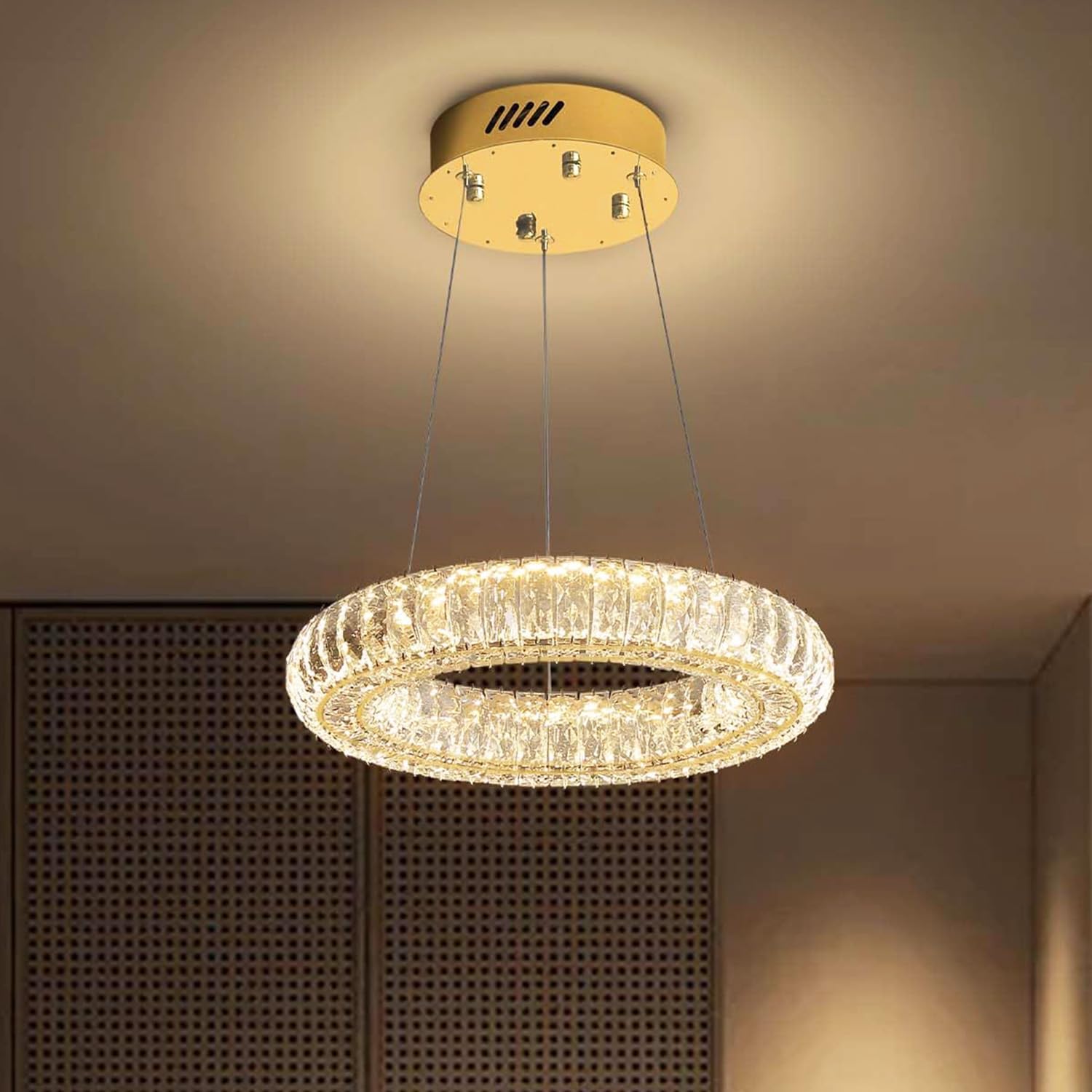 IDEQUY Modern LED Gold Ring Pendant Light 7.8'' Dimmable Crystal Chandelier Adjustable Round Crystal Chandelier Light Fixtures f