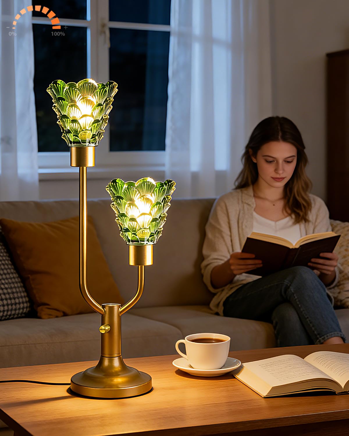 Lightdot Flower Glass Table Lamp Dimmable 2-Light Mid Century Modern Gold Desk Lamp with Green Glass Shade& Bulb Included 3000K Warmwhite Nightstand Lamp for Bedroom Bedside Living Room