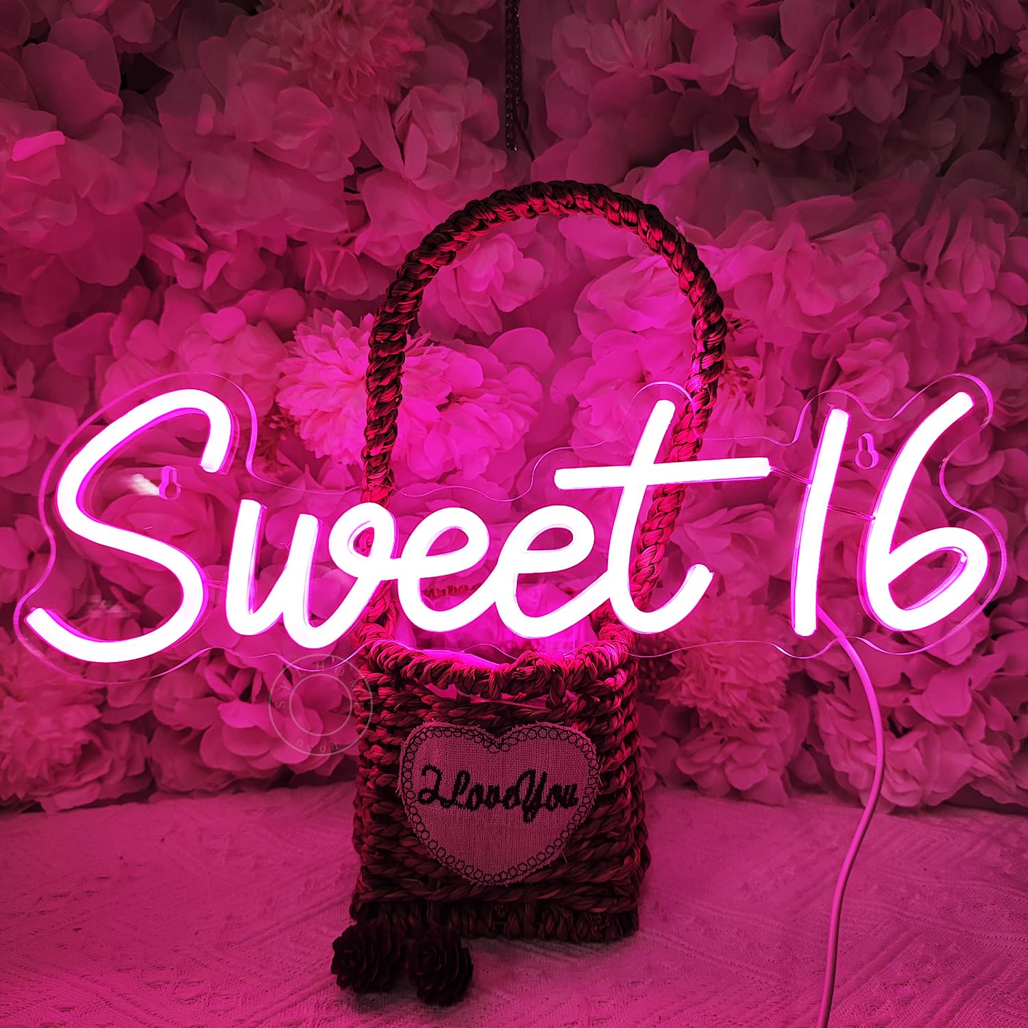 SYLHOME Pink Sweet 16 LED Neon Light Sign - 15.75" x 5" - Crystal & Acrylic Birthday Wall Decor for Girls - Model NS-ZF5VD-Sweet1602