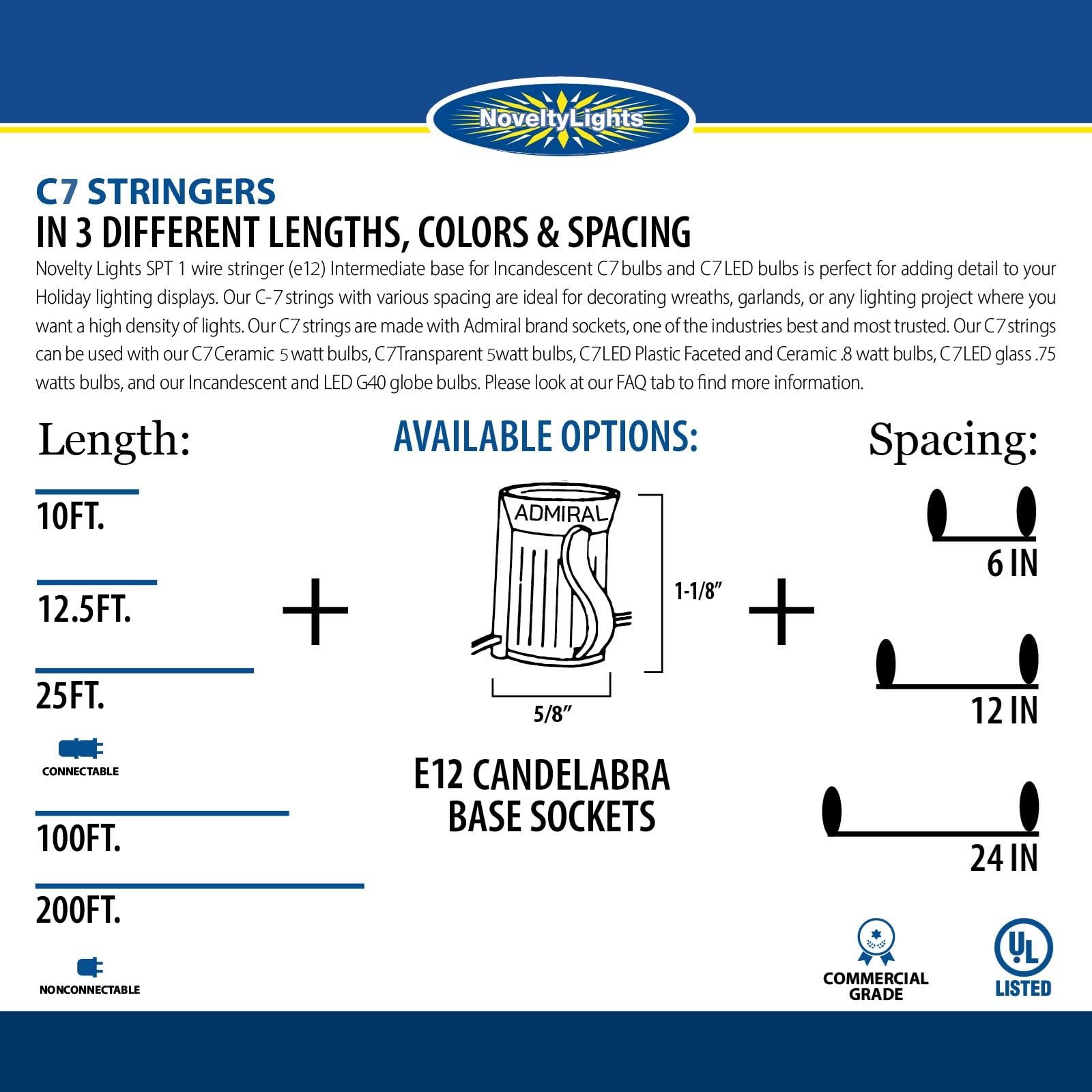 Novelty Lights C7 Outdoor String Lights - 25 Foot, Black Wire, 12in Spacing, Candelabra Base, Model BLACK-C7-25-12