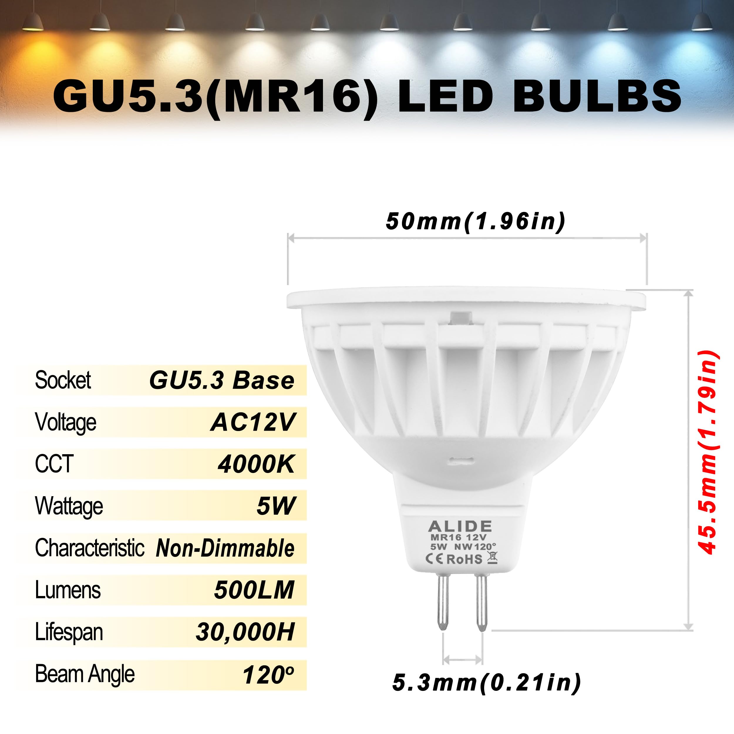 ALIDE MR16 LED Bulbs 5W GU5.3 4000K Natural White, 120° Beam Angle, 12V, 6 Pack