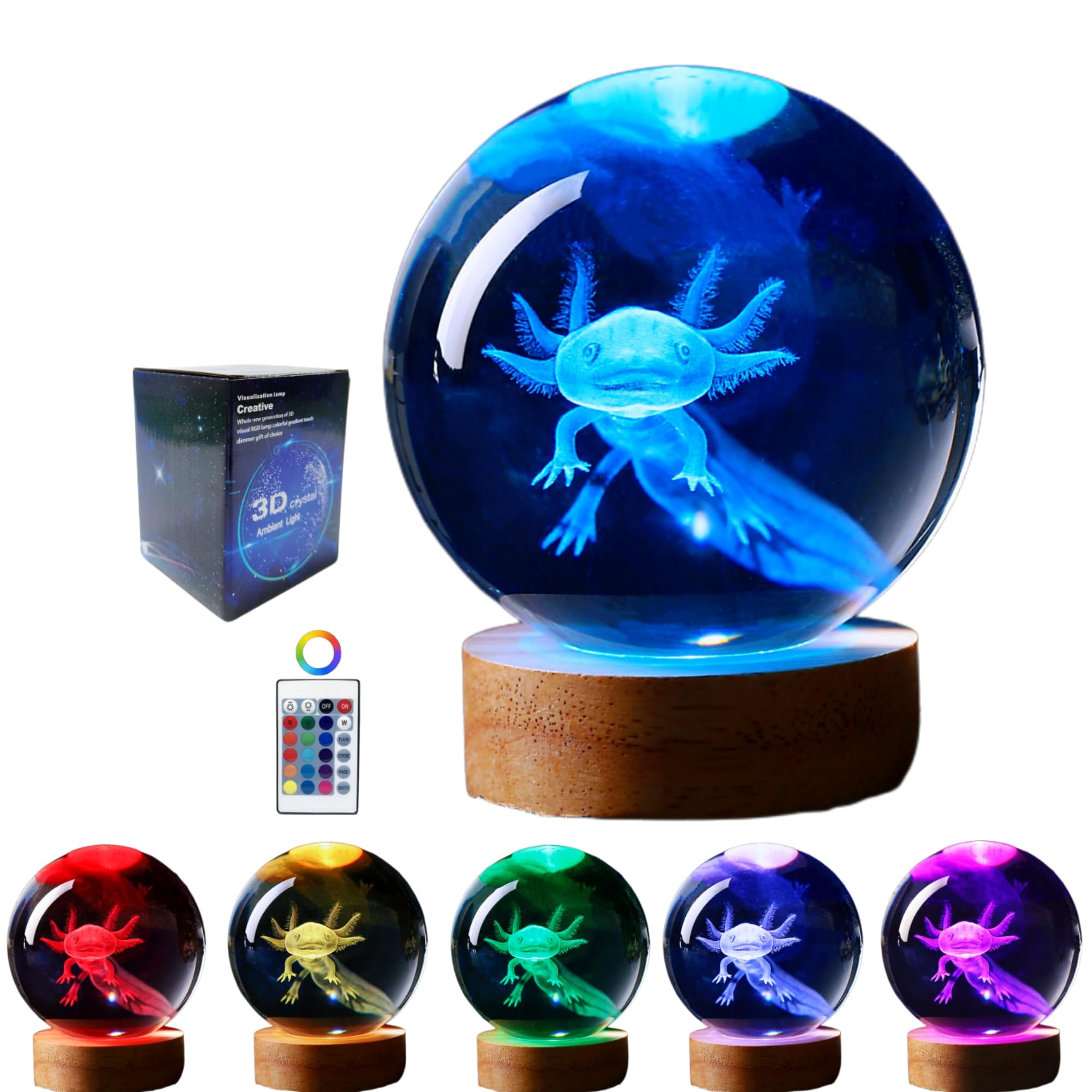 Conalisk Axolotl Lamp - 3D K9 Crystal Ball Light with Wooden Base