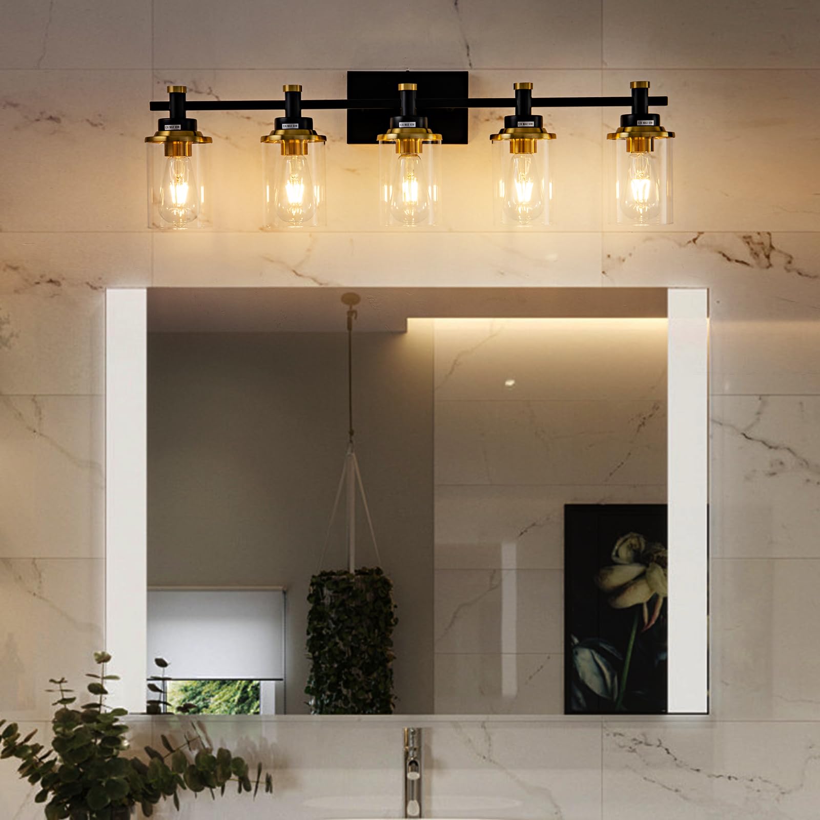 Aixialin 5-Lights Bathroom Light Fixtures, Gold And Black Bathroom Vanity Light Over Mirror, Brushed Gold Bathroom Light Fixture