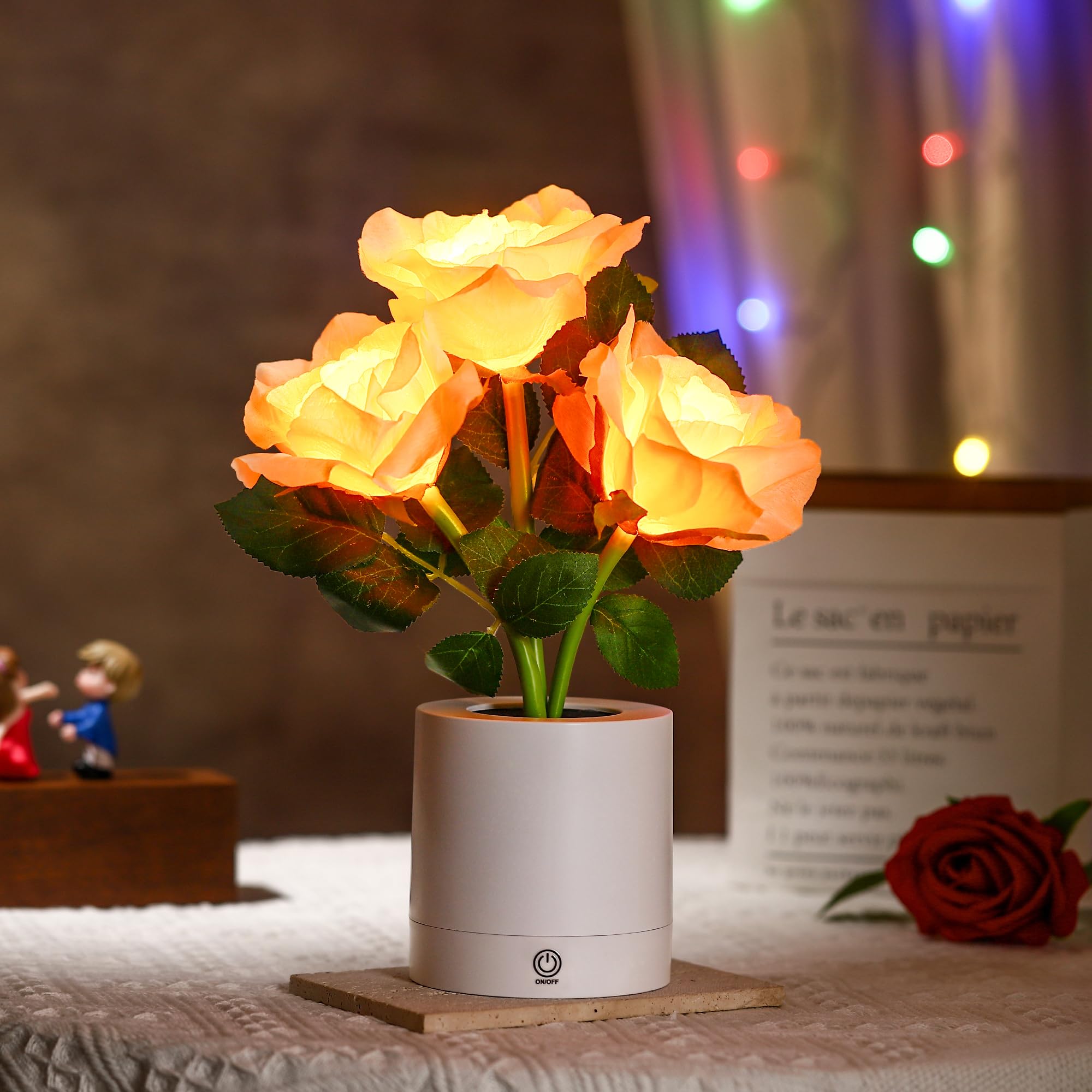 WSYEAR LED Artificial Rose Flower Lamp, Cordless Touch Night Light, Pink Rose Decor